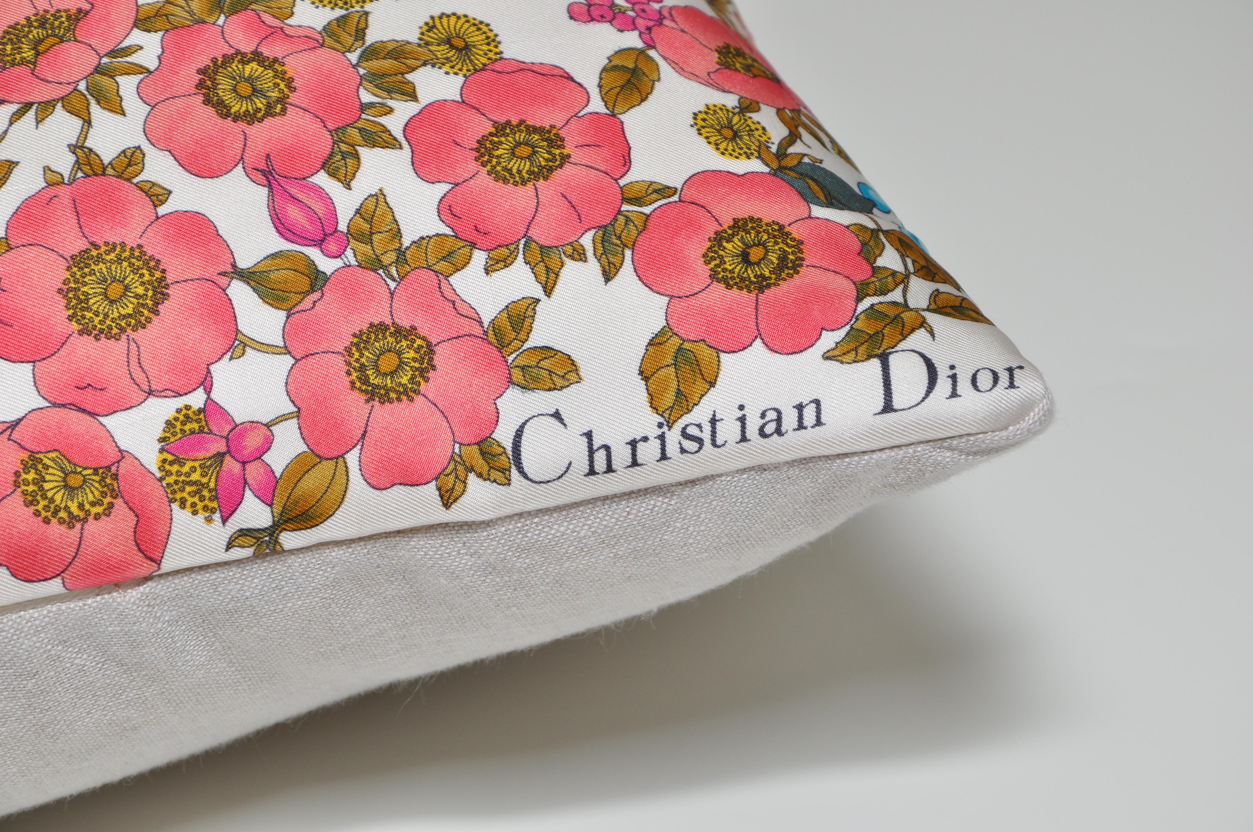 Custom-made one-of-a-kind luxury cushion created from a rare vintage silk Christian Dior fashion scarf in an exquisite multicolored design. This is without a doubt one of the most beautiful scarves we have ever come across. Illustrating an idyllic