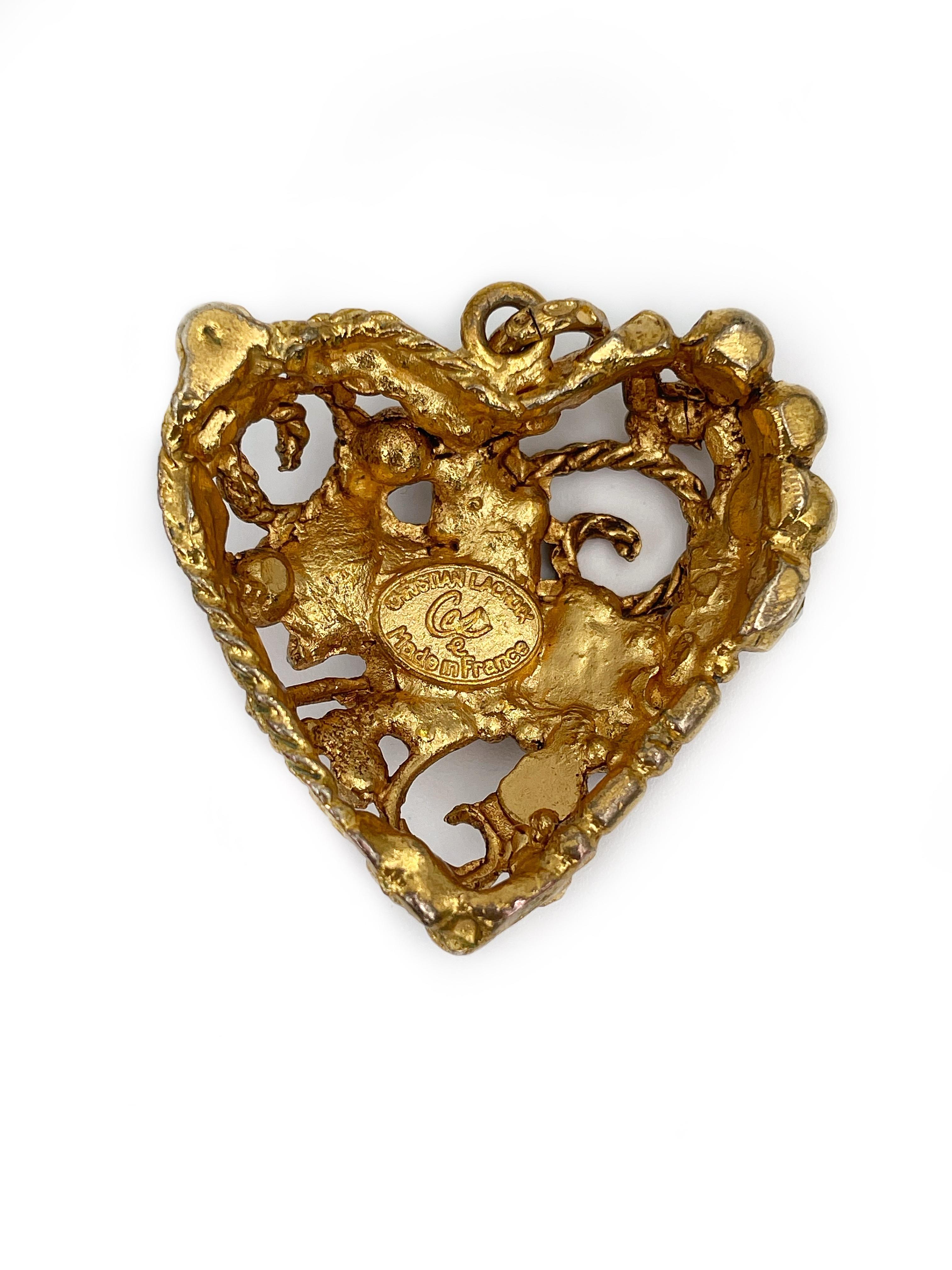 Rare Vintage Christian Lacroix Gold Tone Crystal Openwork Heart Pendant 2