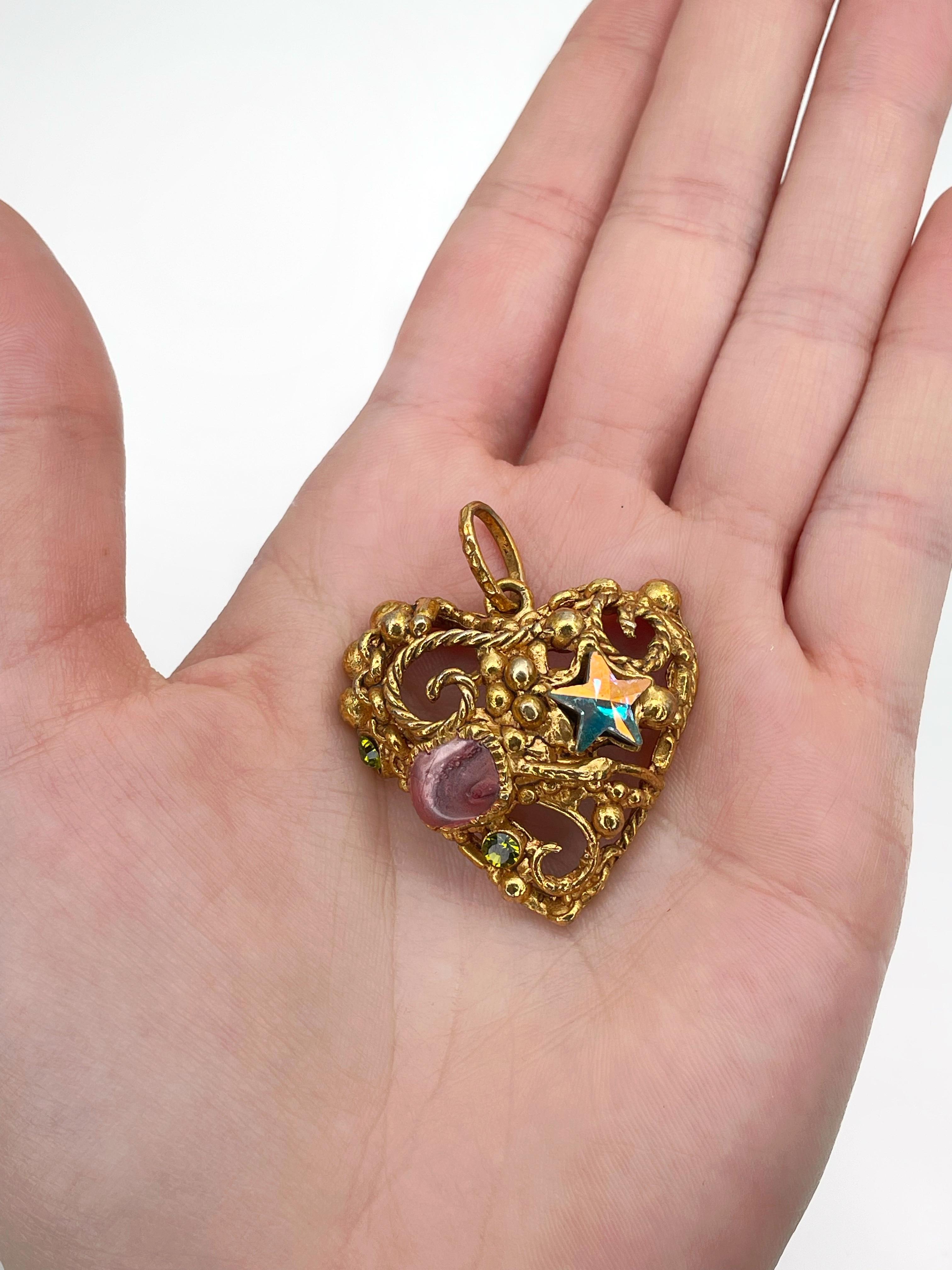 Rare Vintage Christian Lacroix Gold Tone Crystal Openwork Heart Pendant 3