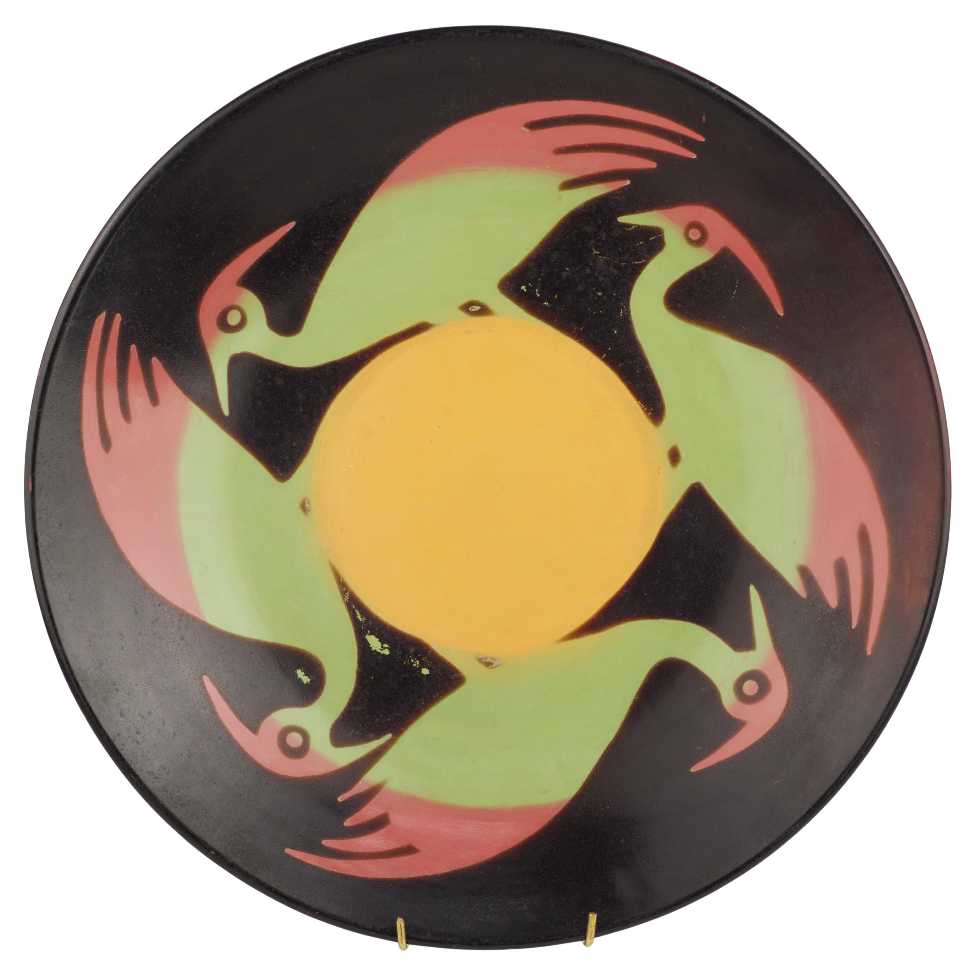 Rare Vintage Chulucanas Pottery Platter with Birds Decor Peru For Sale