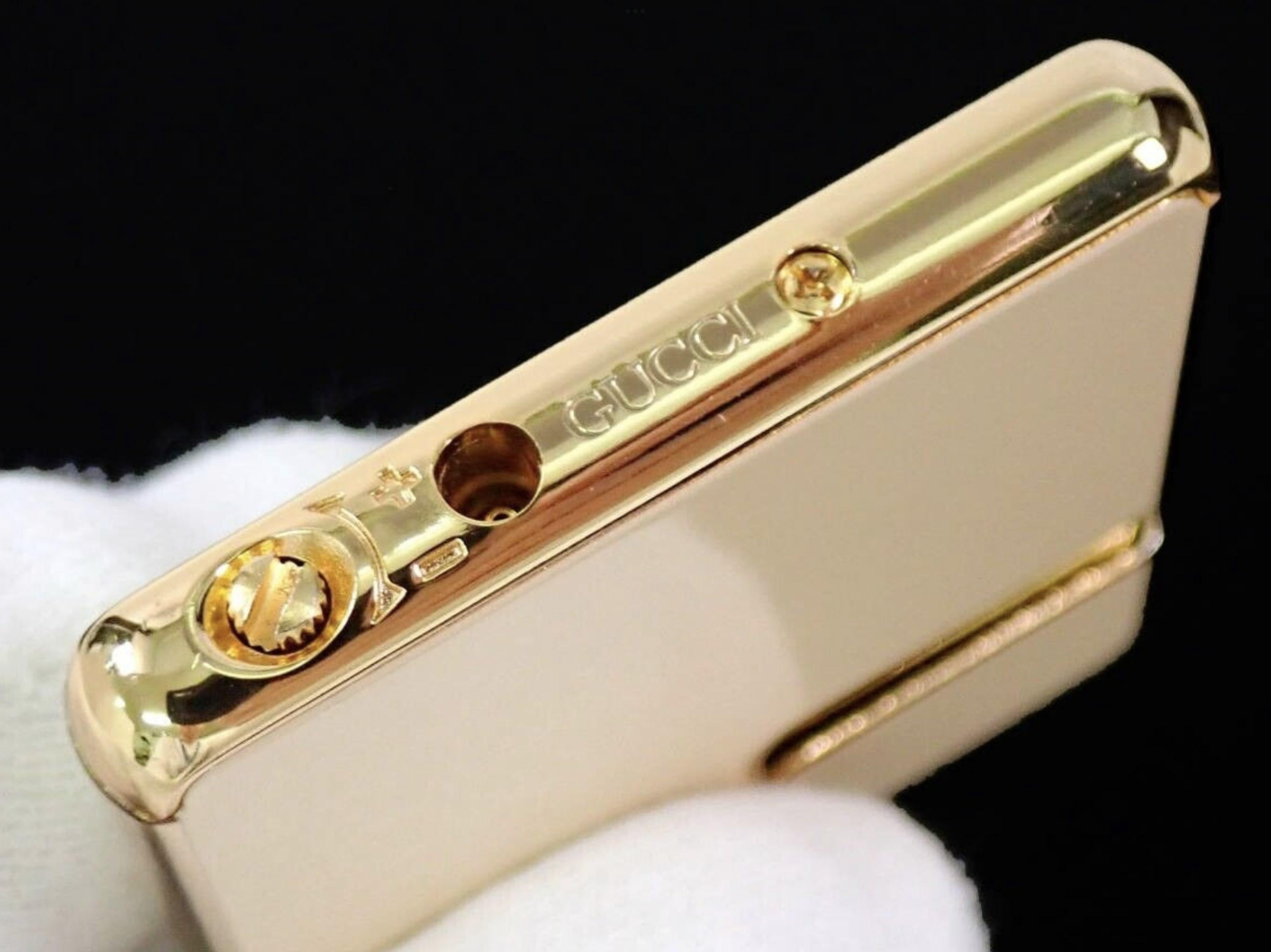 Rare Vintage Circa 1980s Logo Gucci Lighter In 18K Gold Plating & Cream Enamel 2
