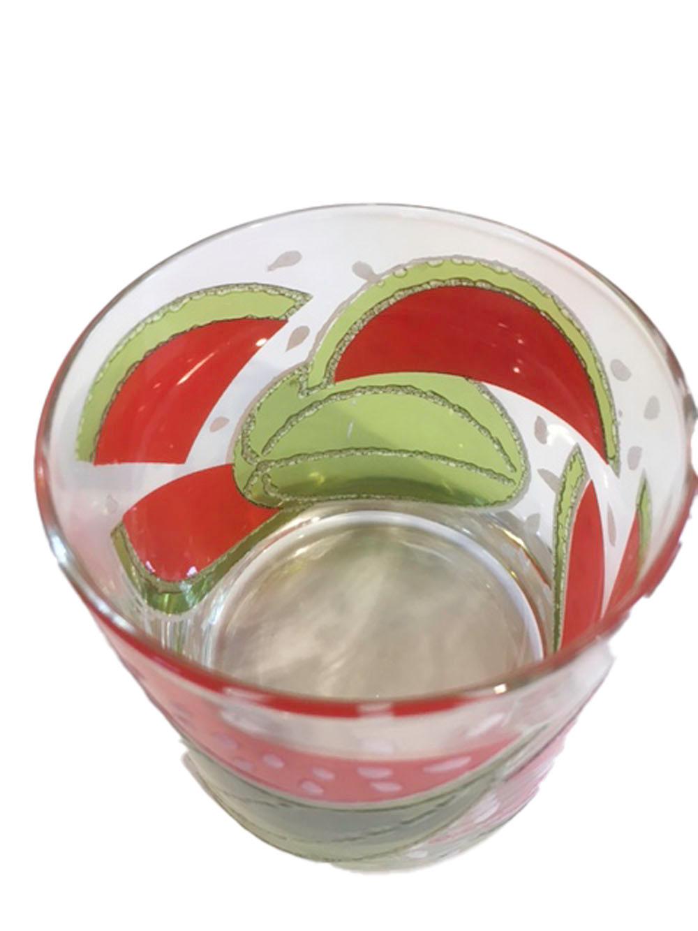 Mid-Century Modern Rare Vintage Culver Rocks Glasses with Watermelon Design in Translucent Enamels