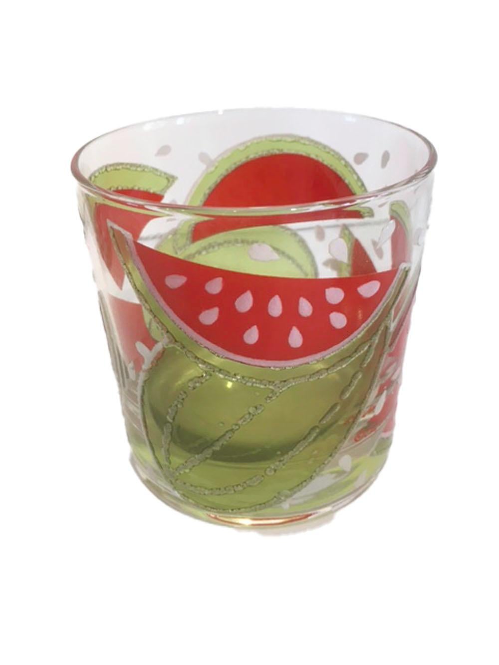 American Rare Vintage Culver Rocks Glasses with Watermelon Design in Translucent Enamels