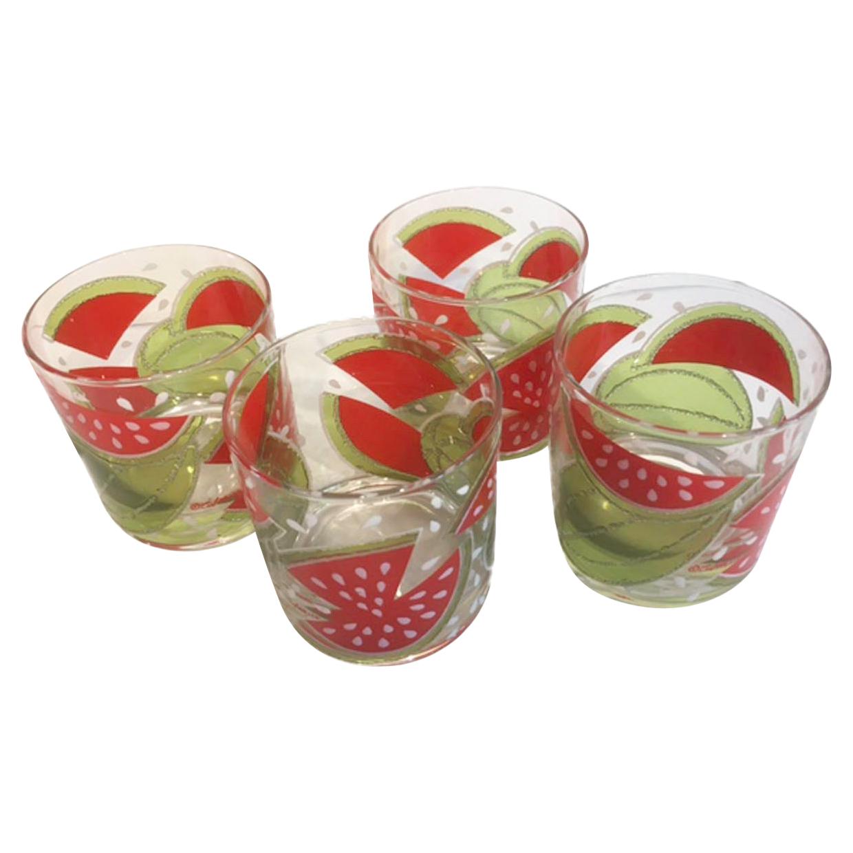Rare Vintage Culver Rocks Glasses with Watermelon Design in Translucent Enamels