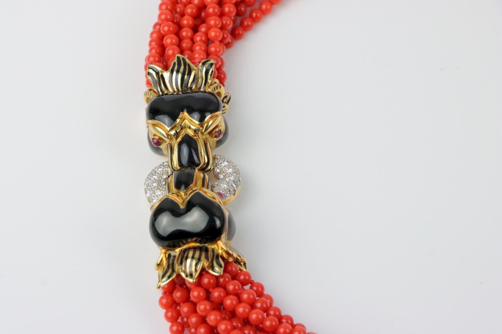 Rare Vintage David Webb Coral and Enamel Torsade Necklace
Circa 1980s
Featuring 12-Strands of Solid 