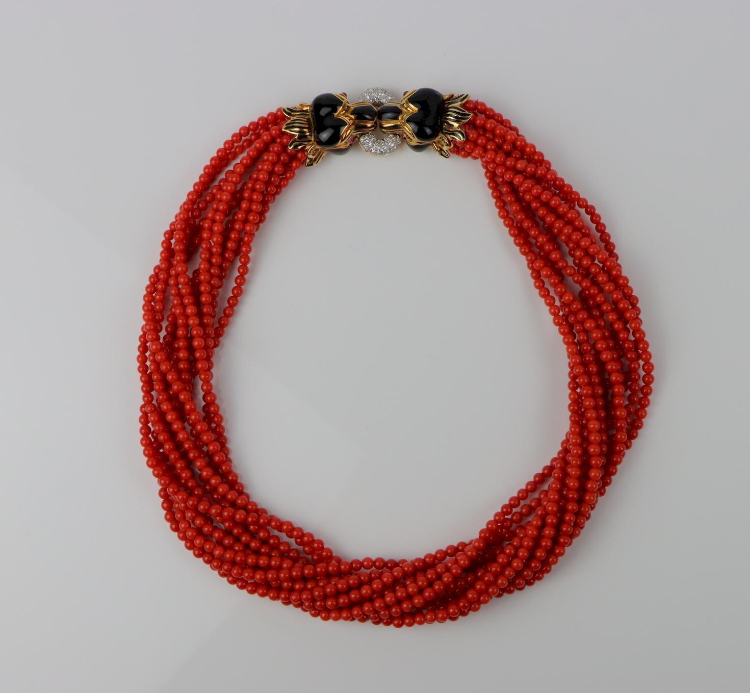 Seltene Vintage David Webb Torsade-Halskette aus Koralle und Emaille Damen im Angebot