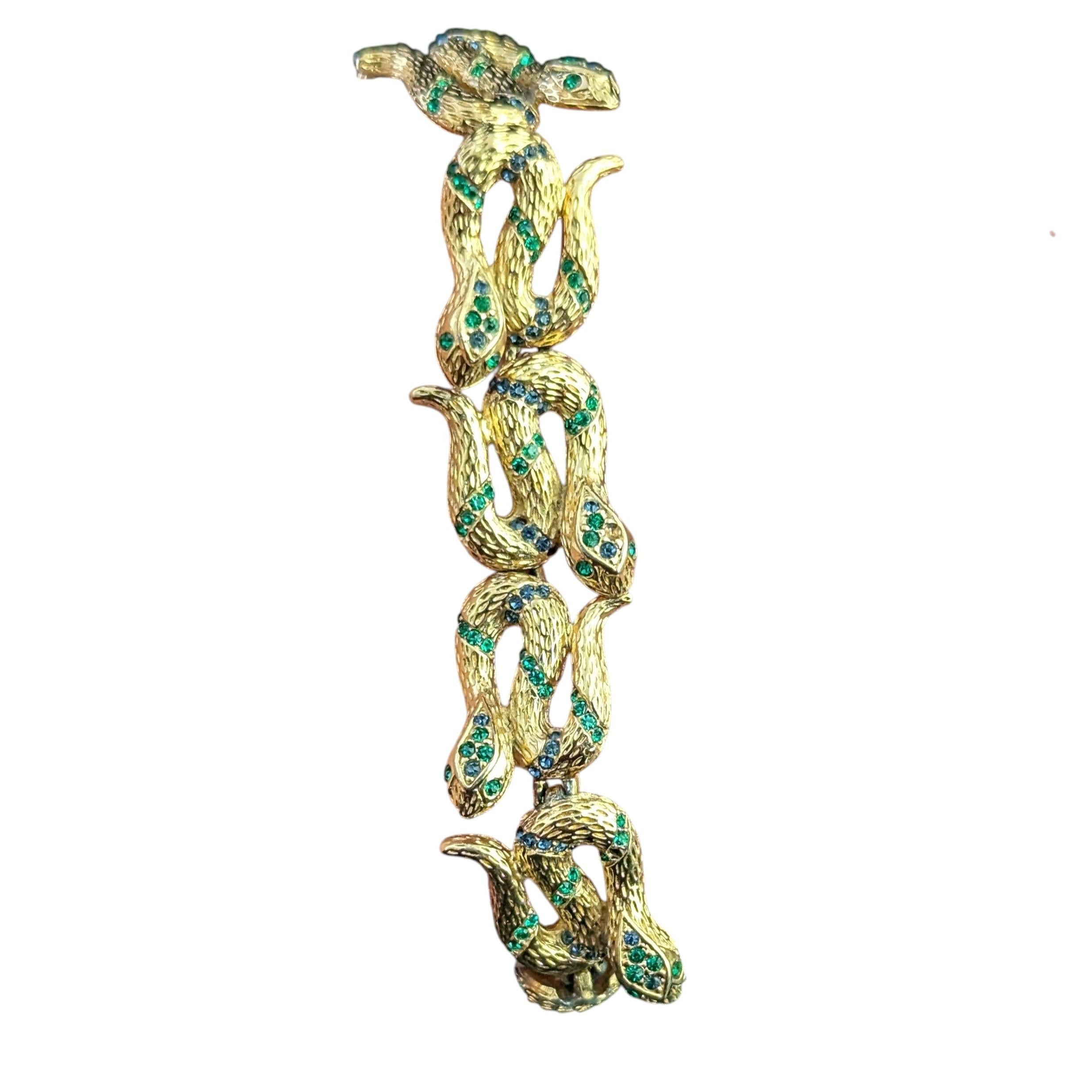 Rare vintage D'Orlan snake bracelet, gold plated, green crystal For Sale