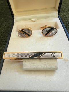Raros gemelos y pasador de corbata Dunhill vintage chapados en oro, ónix con estuche original