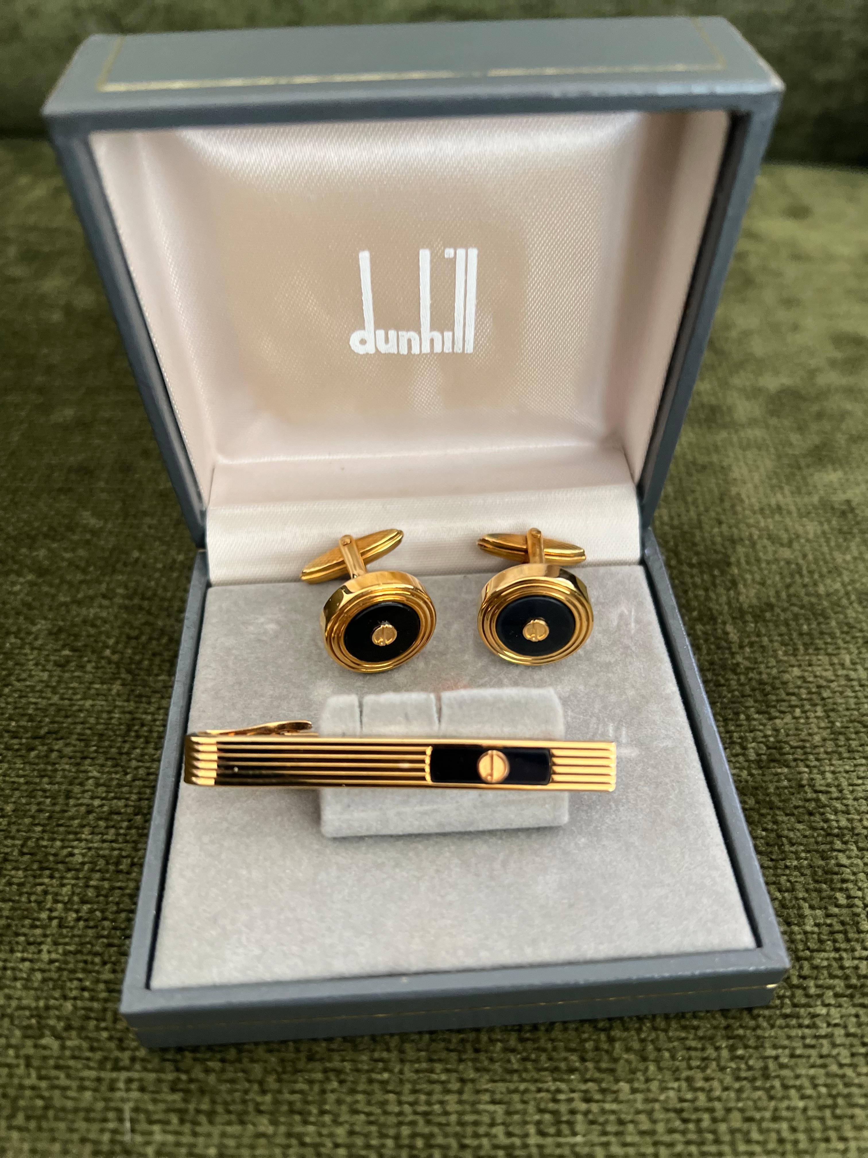 Seltene Vintage Dunhill Manschettenknöpfe & Krawattenklammer vergoldet, Onyx mit Originalgehäuse im Angebot 2