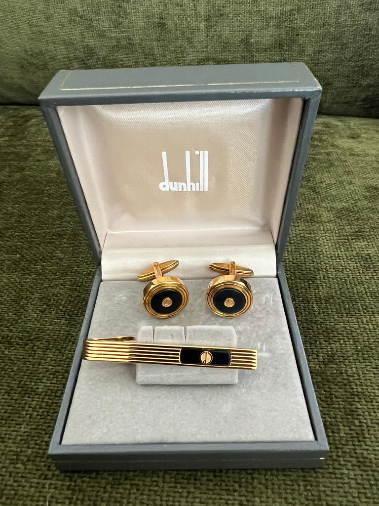 Rare Vintage Dunhill Cufflinks and Tie Clip Gold Plated, Onyx With