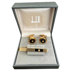 Rare Vintage Dunhill Cufflinks & Tie Clip Gold Plated, Onyx With Original Case