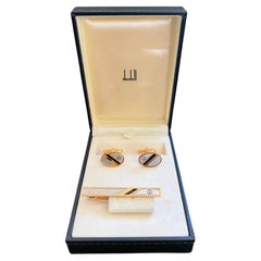 Rare Vintage Dunhill Cufflinks & Tie Clip Gold Plated, Onyx With Original Case