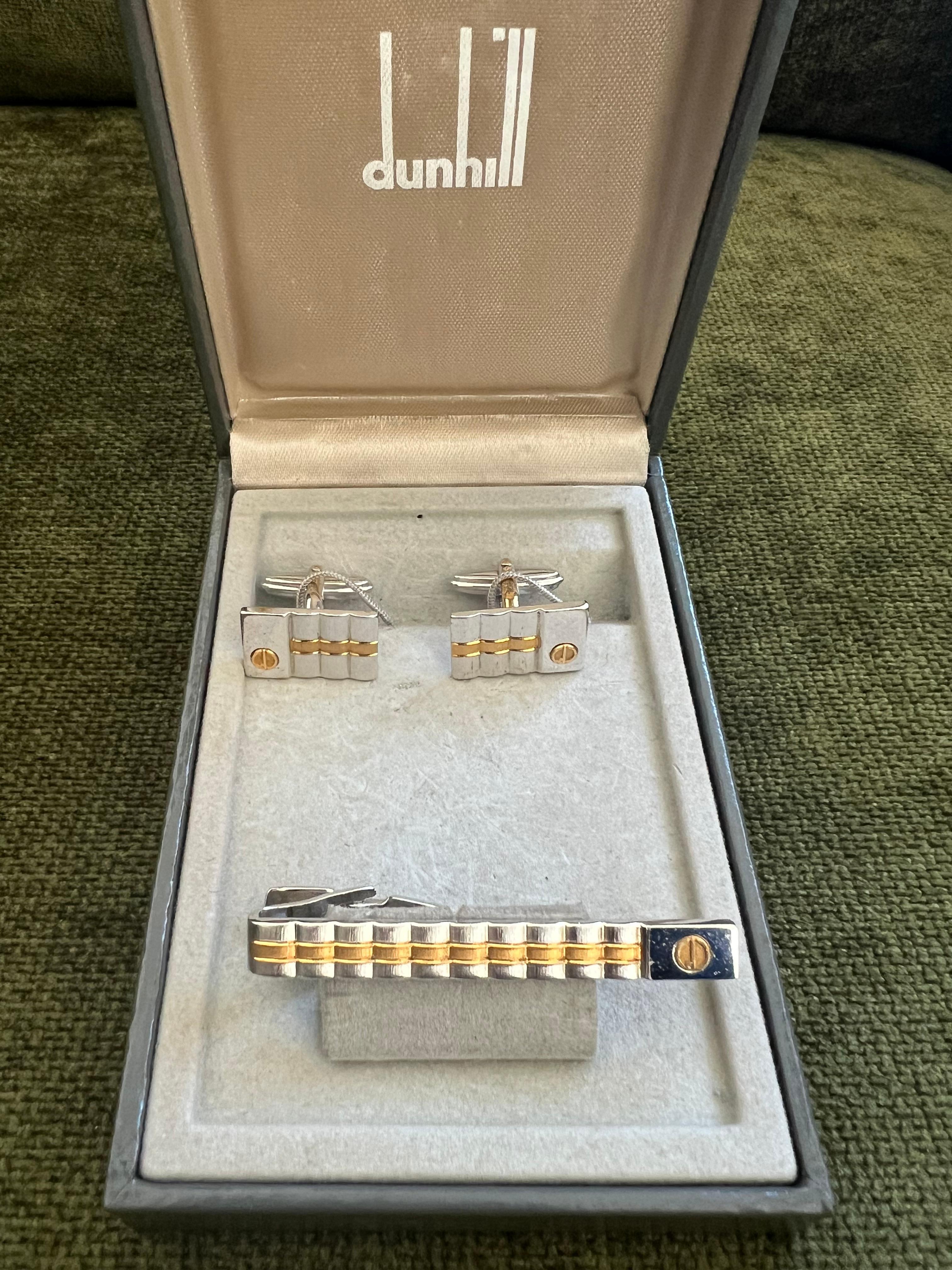 Rare Vintage Dunhill Cufflinks & Tie Clip Gold Plated, Steel With Original Case 
Retro, Chic, Art Deco, Classic 
Elegant Vintage Dunhill Cufflinks 
Gold Plated 
“Circa 1970”
The Cufflinks are Steel mate Finnish with 18k Gold Plating
With original