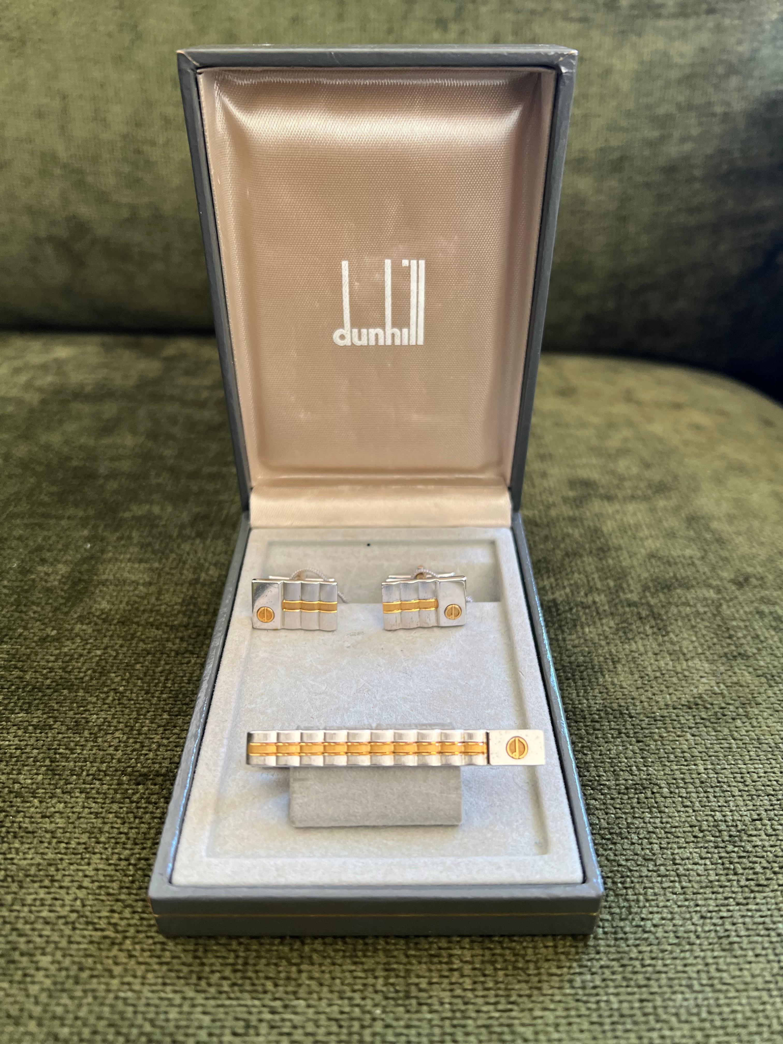 Art Deco Rare Vintage Dunhill Cufflinks & Tie Clip Gold Plated, Steel With Original Case For Sale