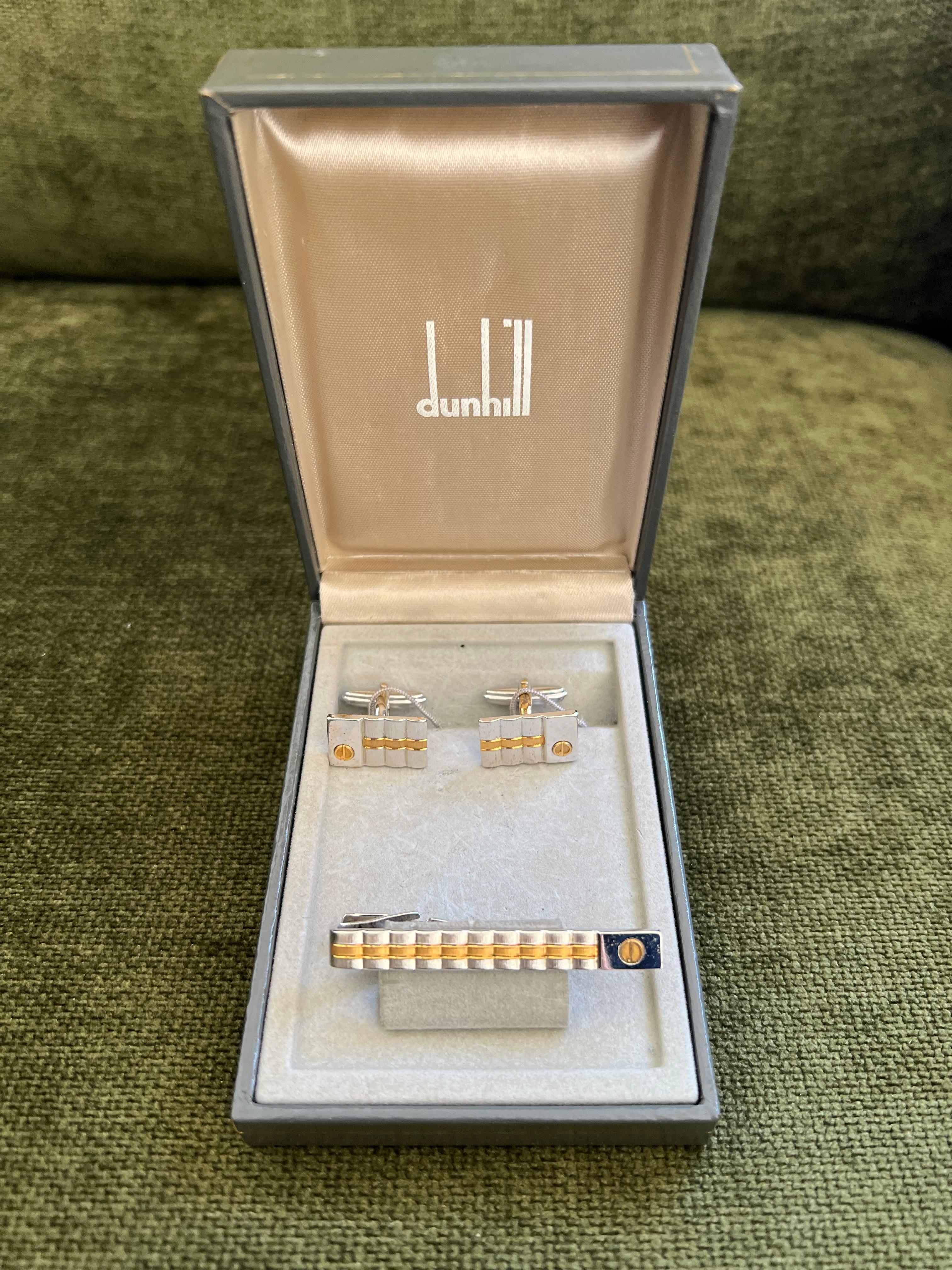 Antique Cushion Cut Rare Vintage Dunhill Cufflinks & Tie Clip Gold Plated, Steel With Original Case For Sale