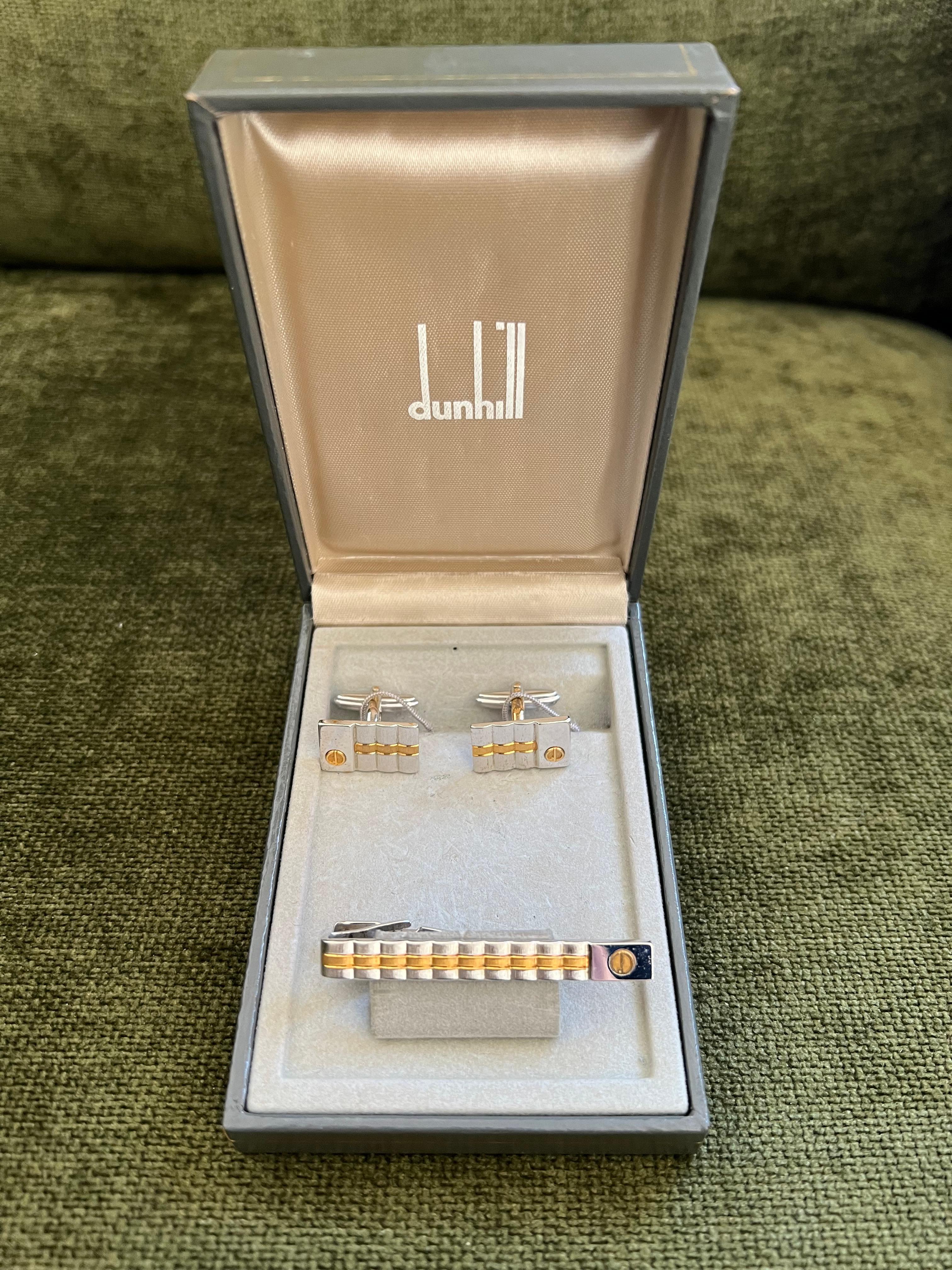 Rare Vintage Dunhill Cufflinks & Tie Clip Gold Plated, Steel With Original Case In Excellent Condition For Sale In New York, NY