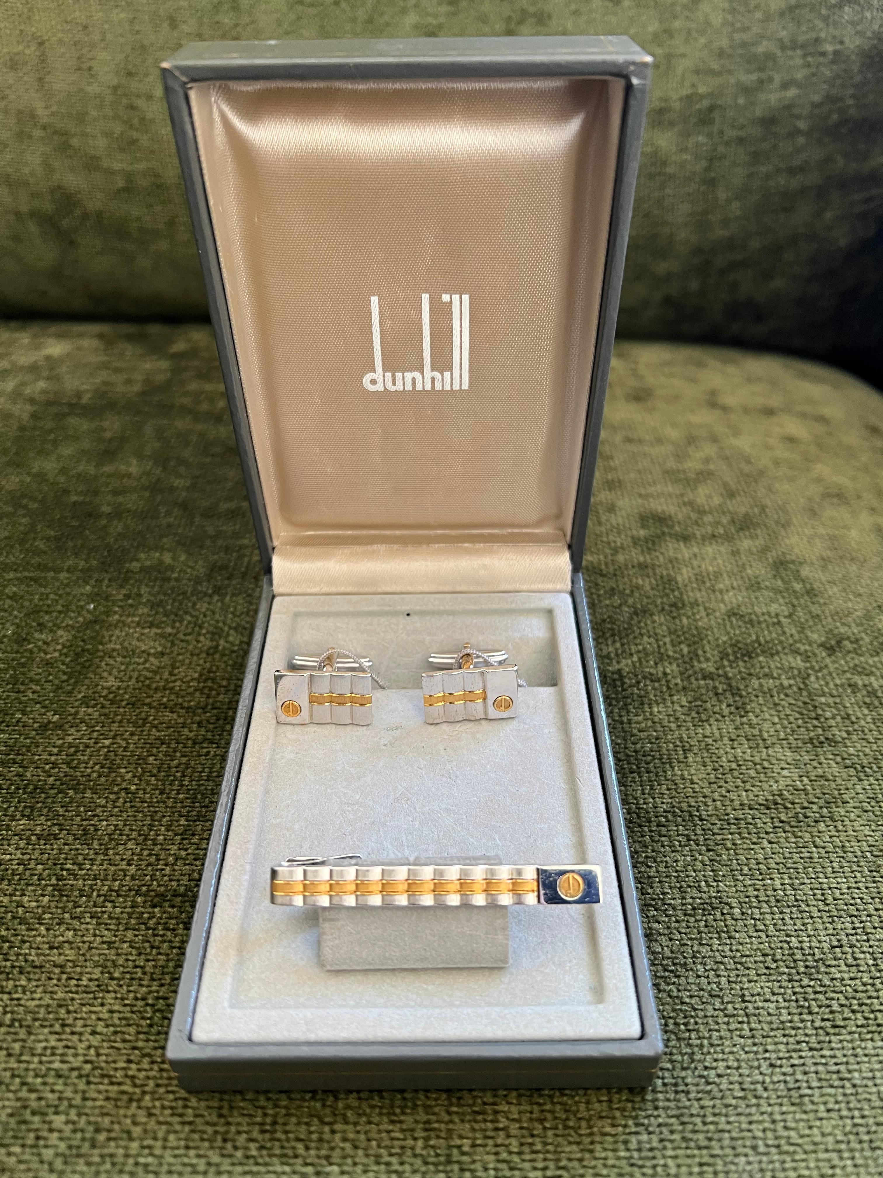 Women's or Men's Rare Vintage Dunhill Cufflinks & Tie Clip Gold Plated, Steel With Original Case For Sale