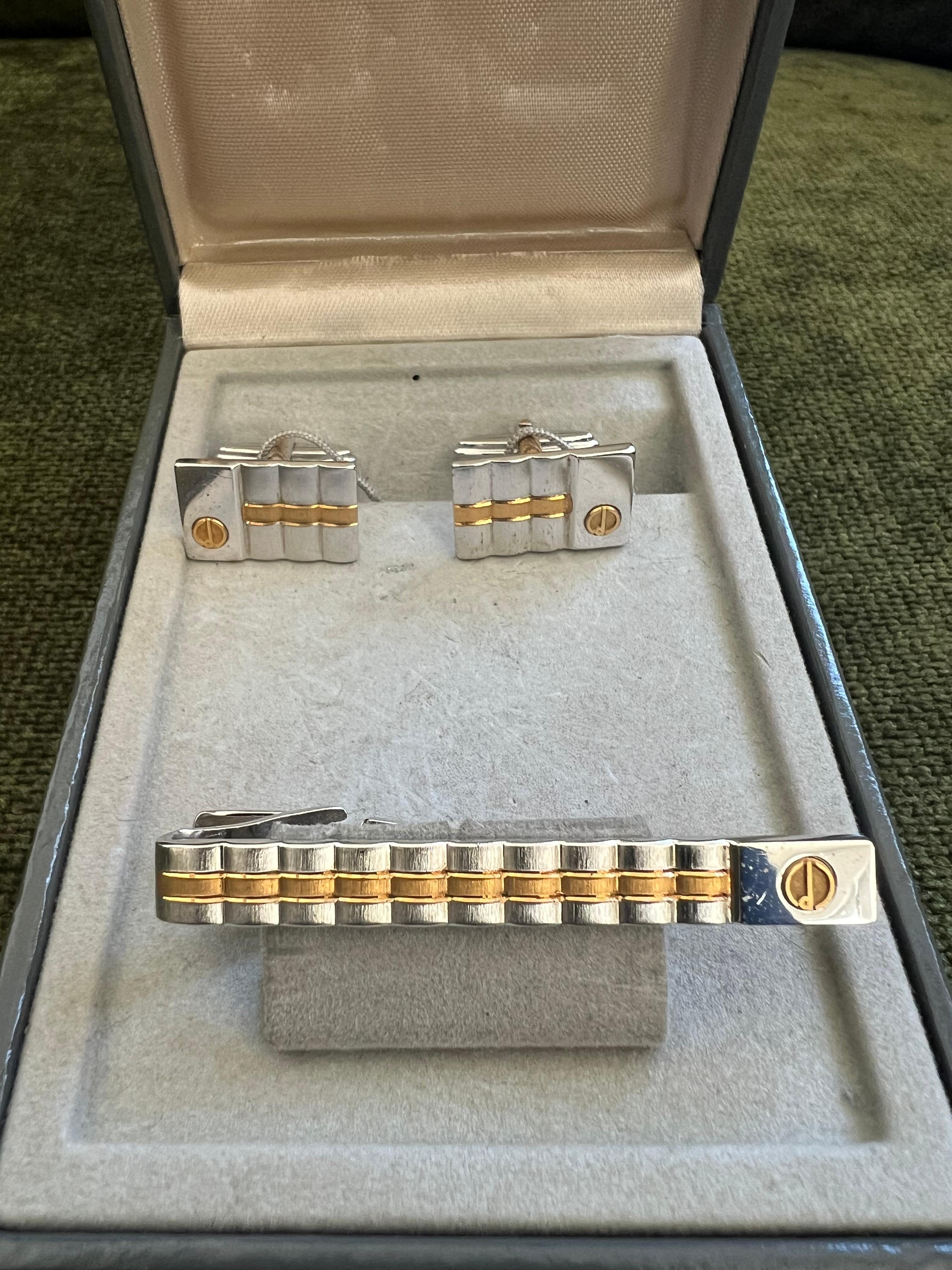 Rare Vintage Dunhill Cufflinks & Tie Clip Gold Plated, Steel With Original Case For Sale 1