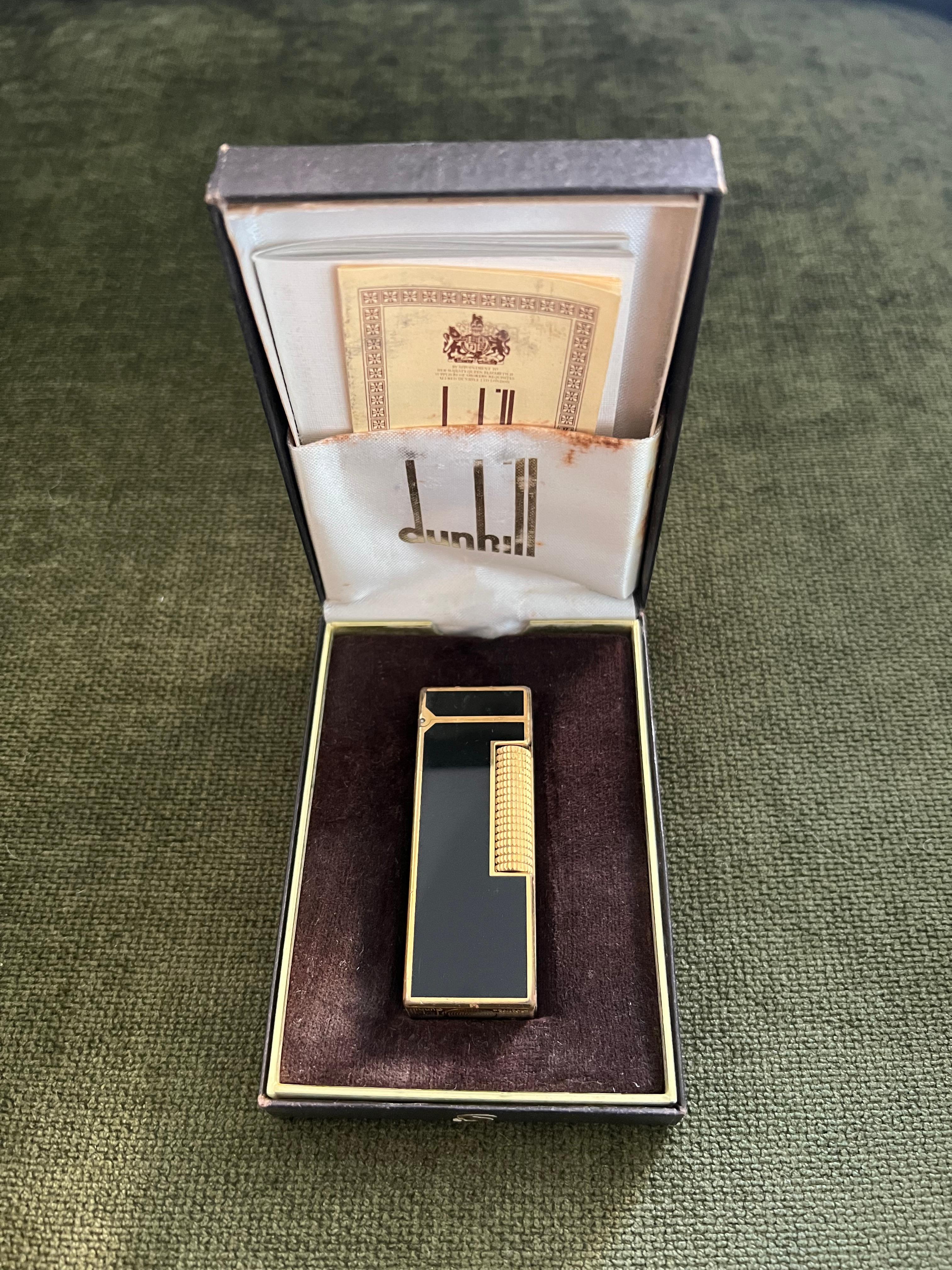 Rare Vintage Dunhill Vergoldet Schwarz Lack Feuerzeug Original Etui 5