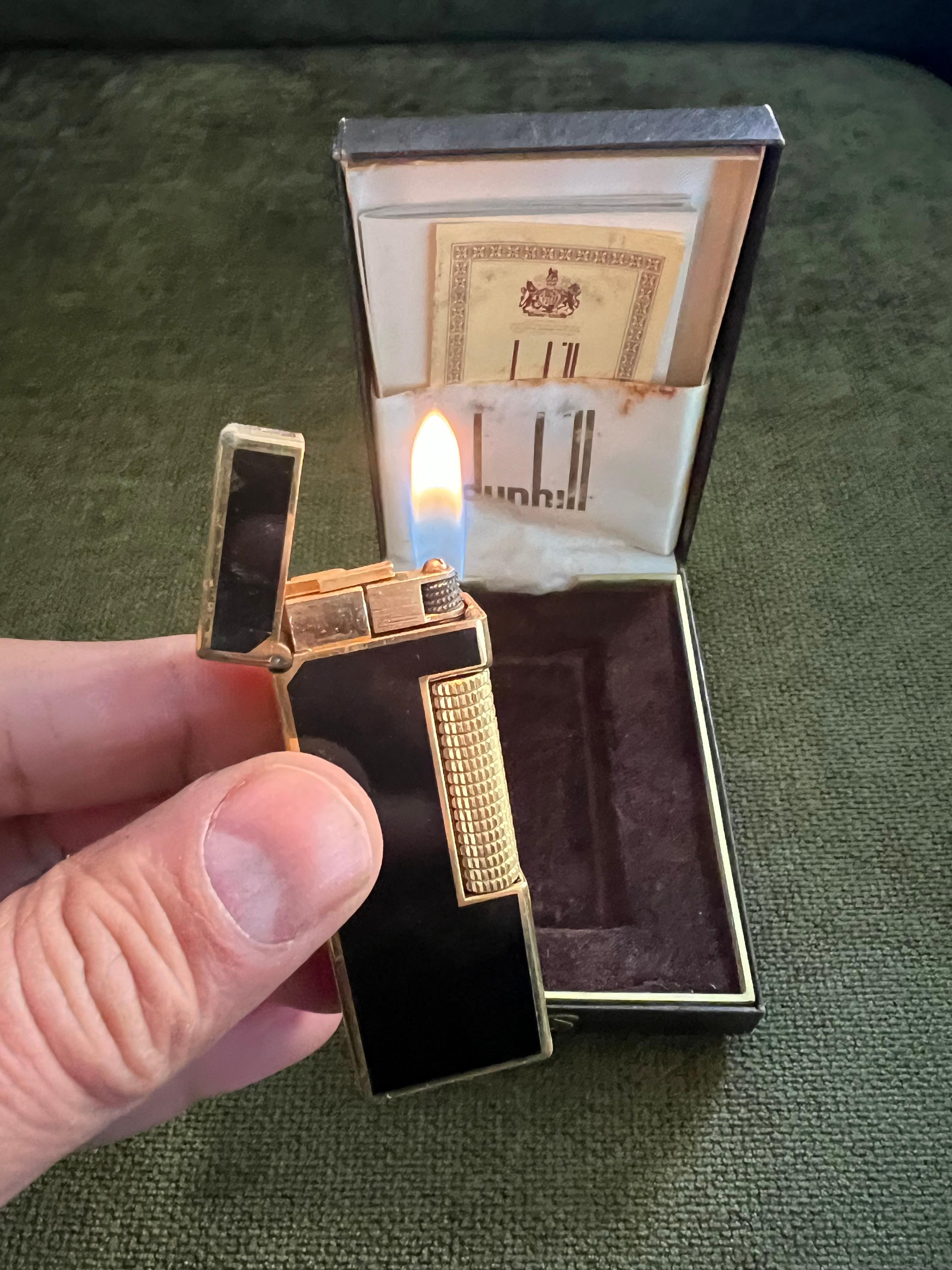 Rare Vintage Dunhill Vergoldet Schwarz Lack Feuerzeug Original Etui 2