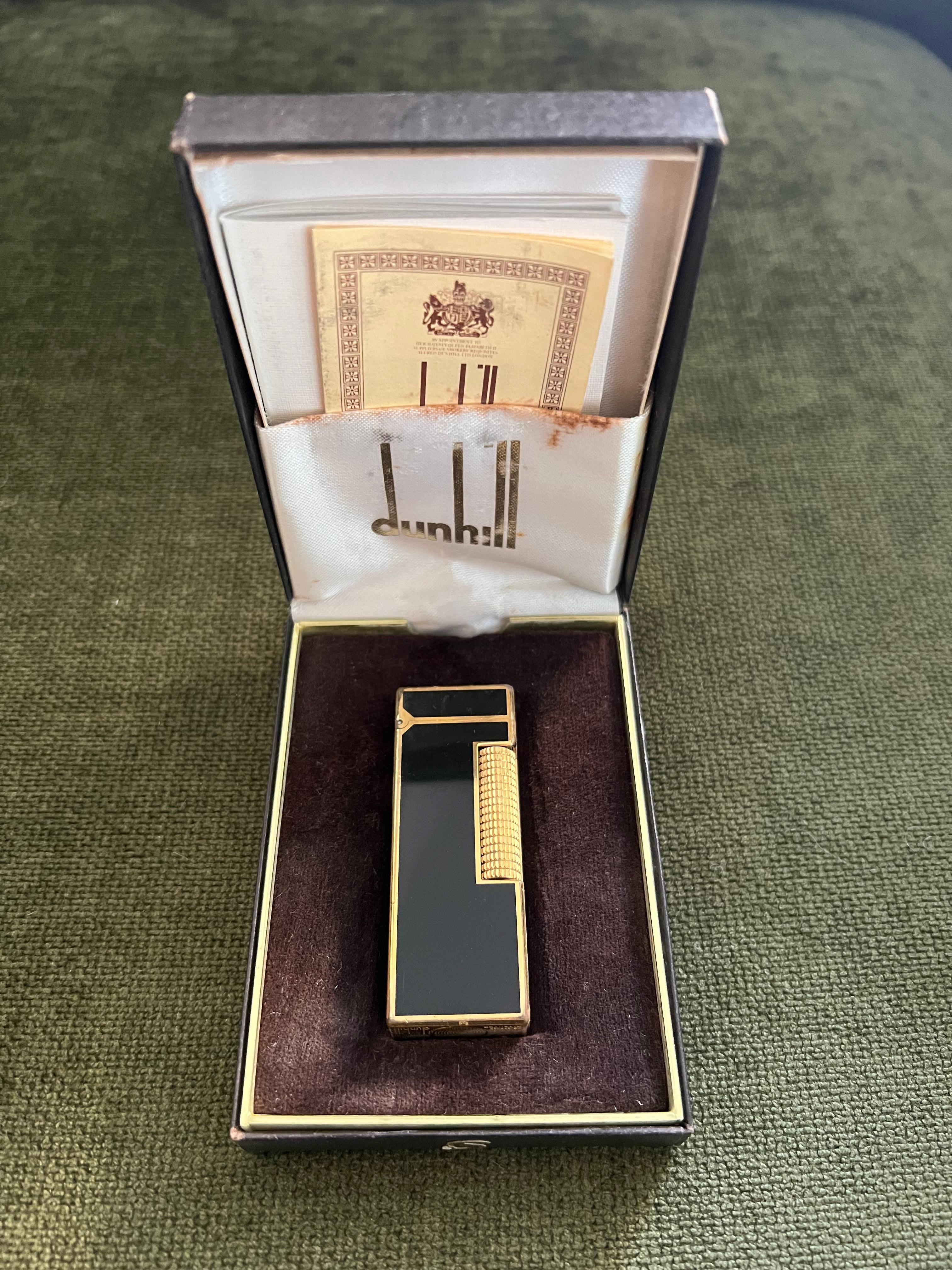 Rare Vintage Dunhill Vergoldet Schwarz Lack Feuerzeug Original Etui 3