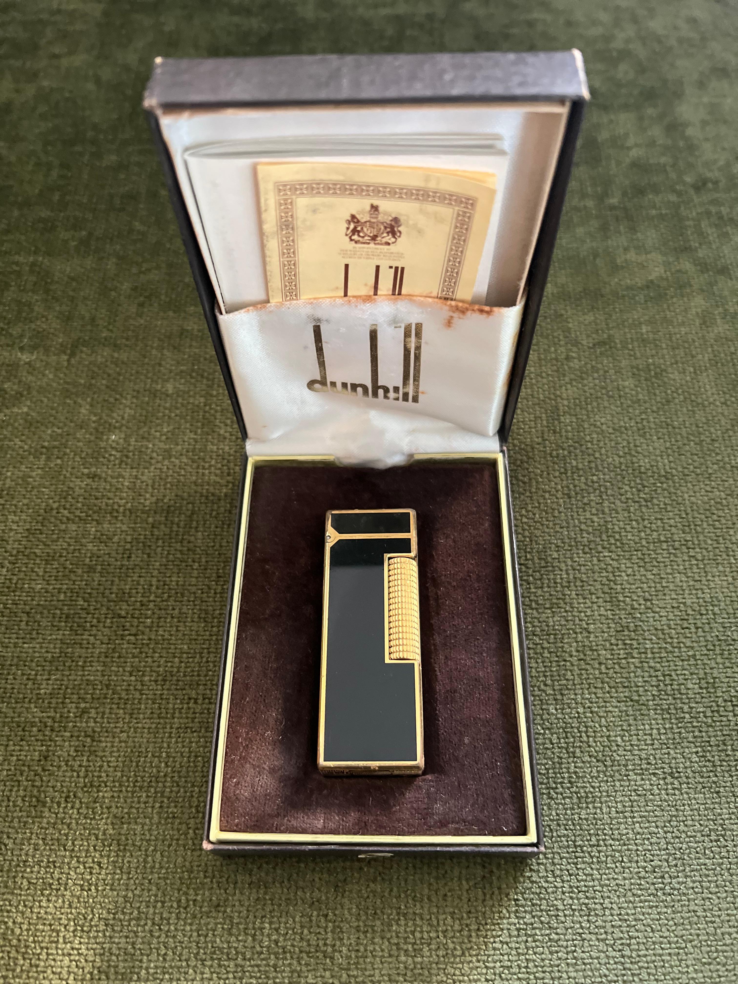 Rare Vintage Dunhill Vergoldet Schwarz Lack Feuerzeug Original Etui 4