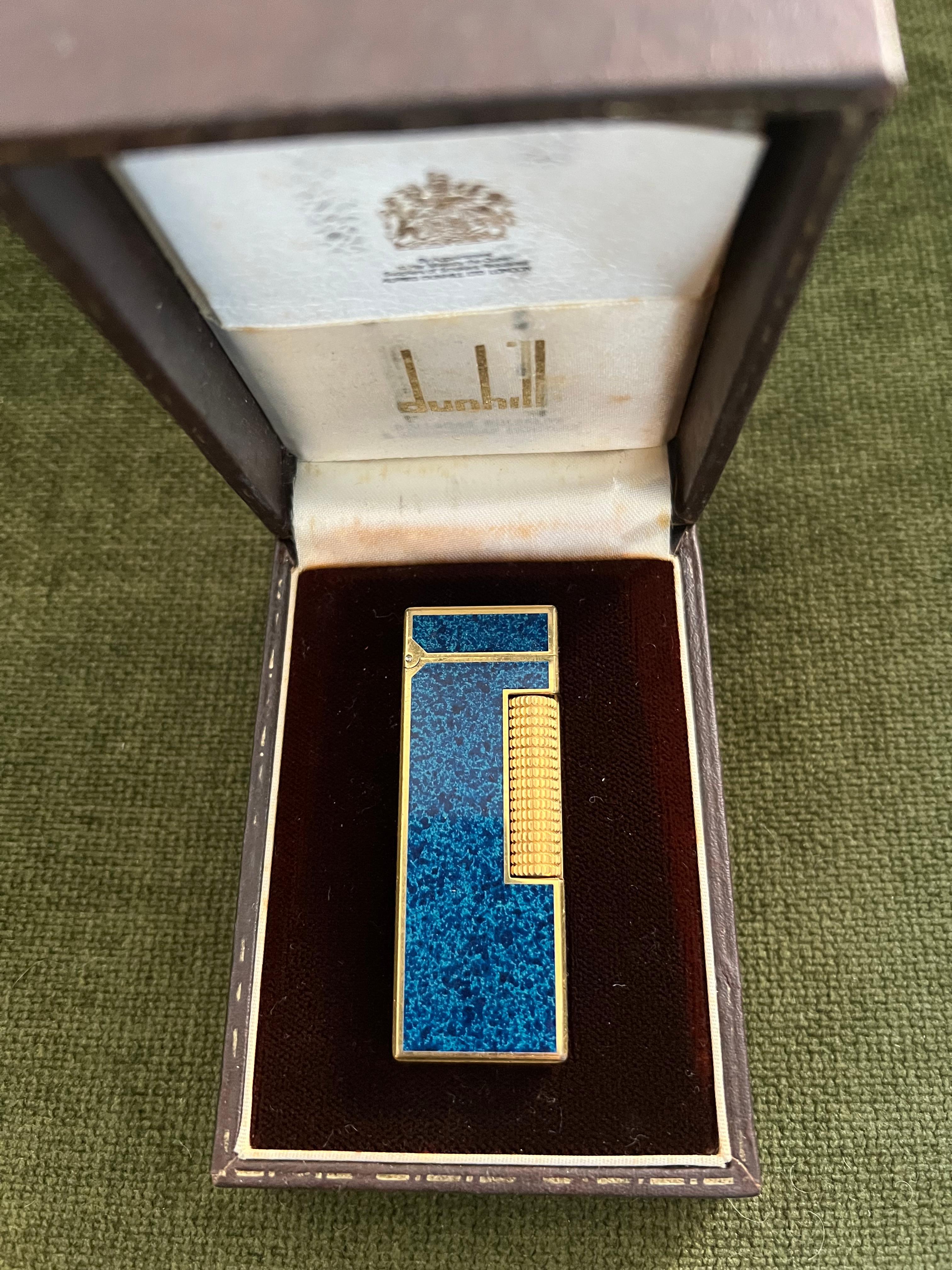 Art Deco Rare Vintage Dunhill Gold Plated Blue Marble Lacquer Lighter Original Case