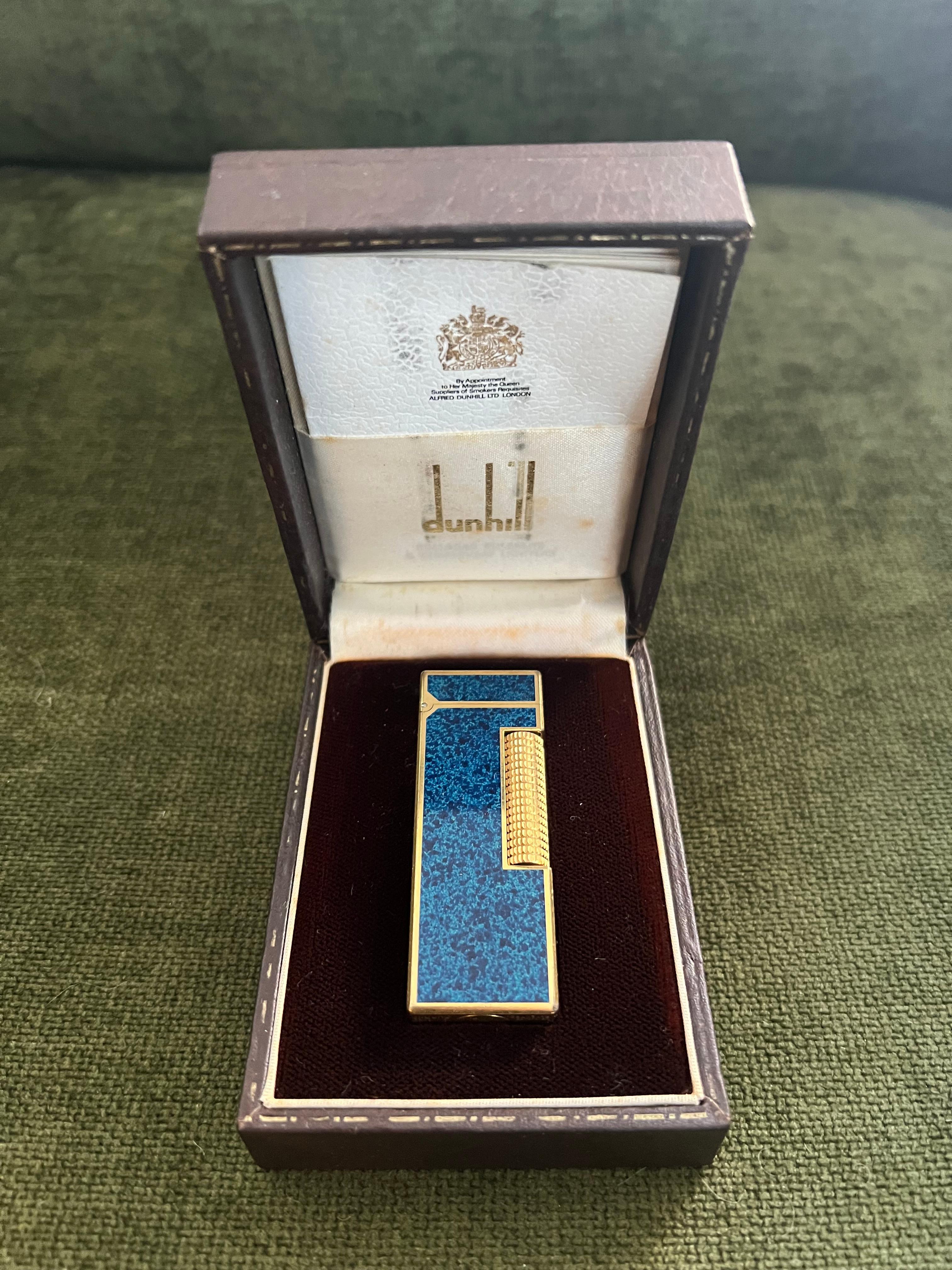 Women's or Men's Rare Vintage Dunhill Gold Plated Blue Marble Lacquer Lighter Original Case