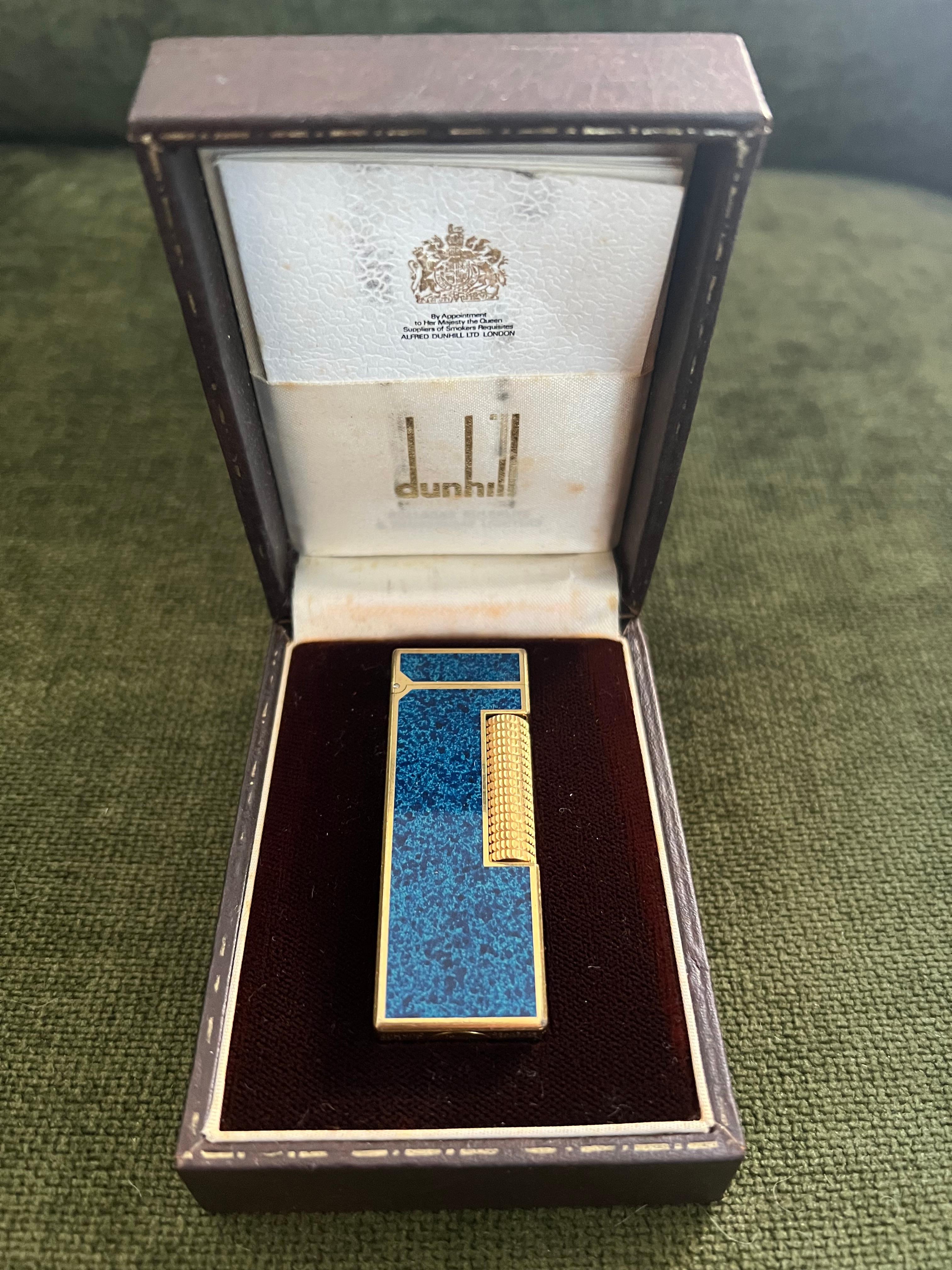 Rare Vintage Dunhill Gold Plated Blue Marble Lacquer Lighter Original Case 1
