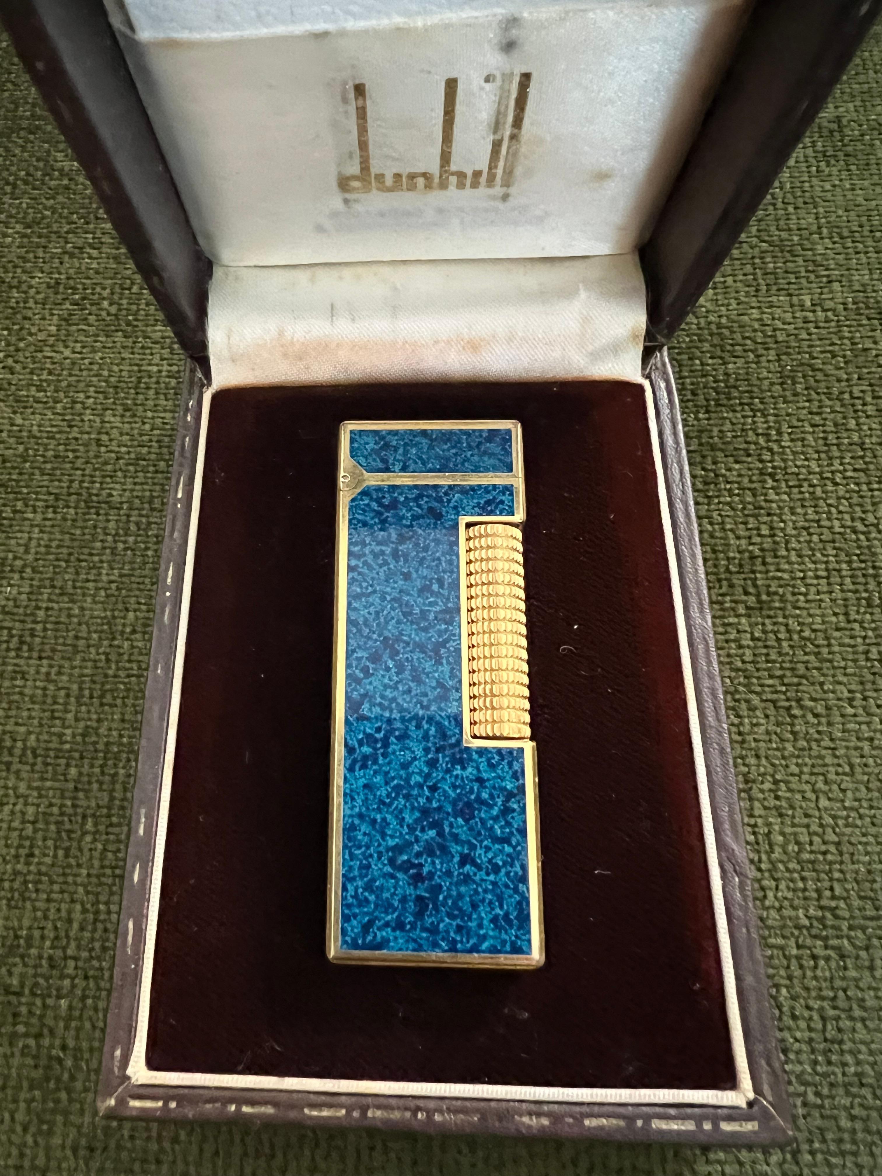 Rare Vintage Dunhill Gold Plated Blue Marble Lacquer Lighter Original Case 2