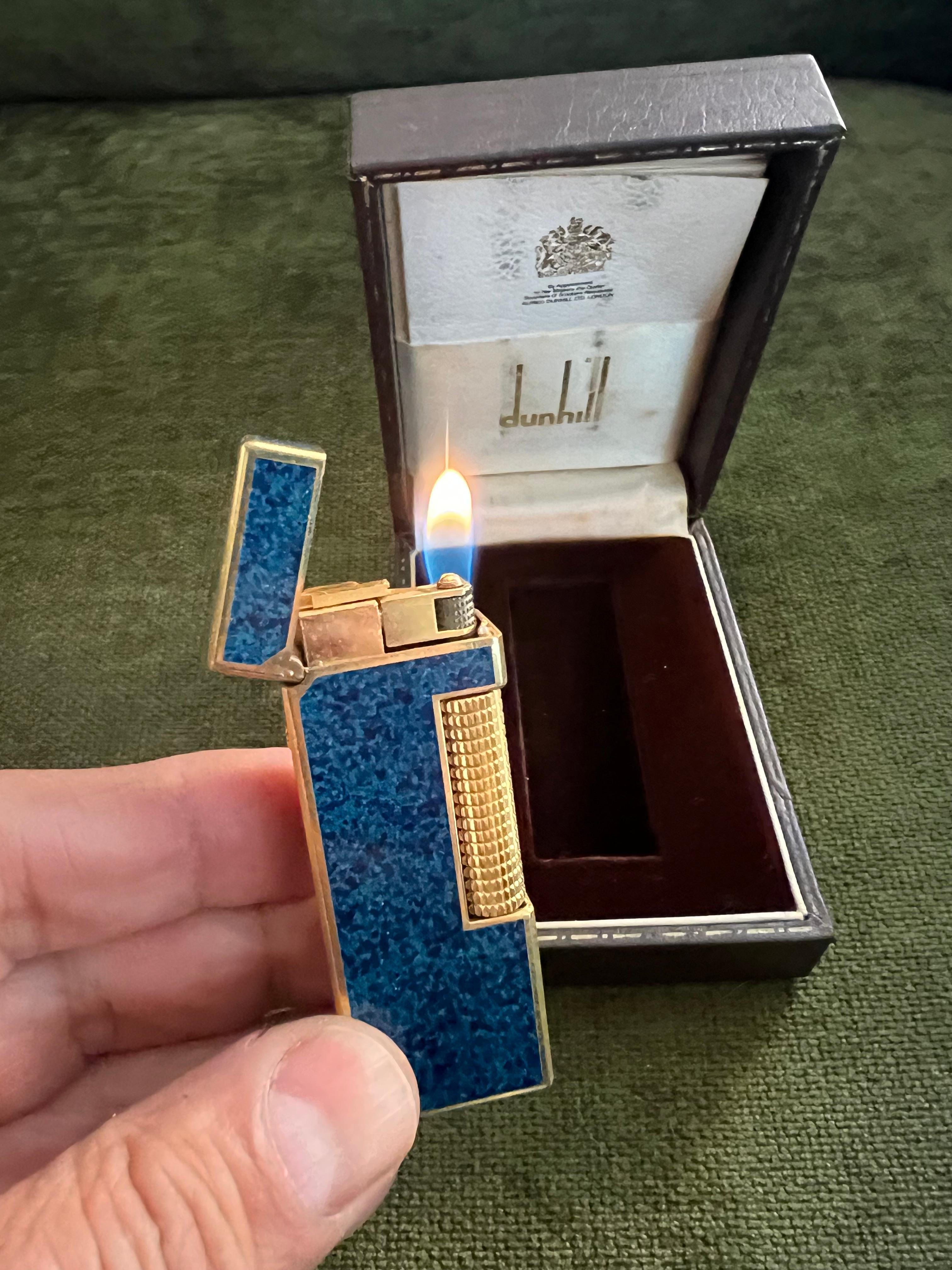 Rare Vintage Dunhill Gold Plated Blue Marble Lacquer Lighter Original Case 4