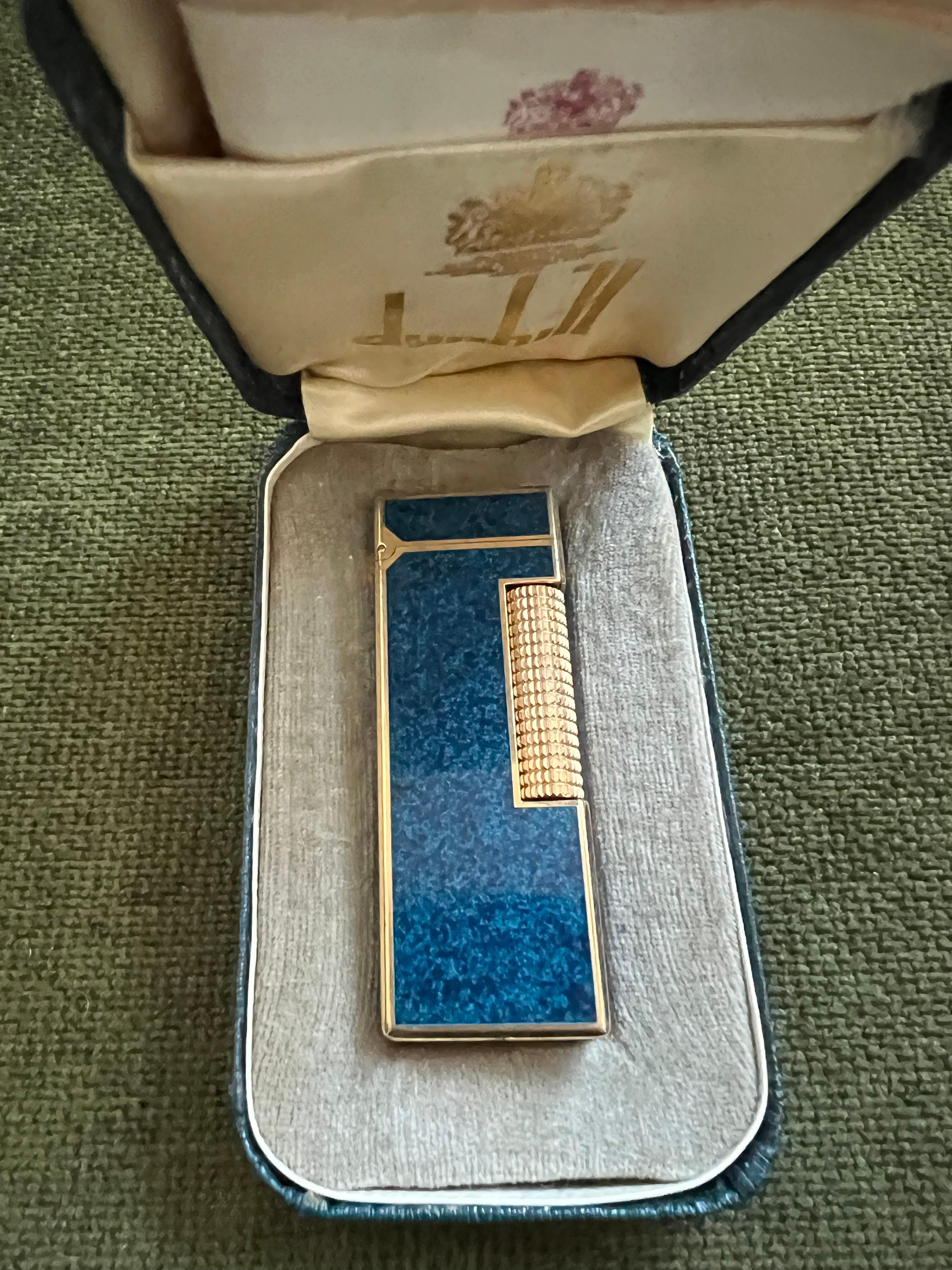 Seltene Vintage Dunhill Gold Plated Blue Marble Lacquer Feuerzeug Original Sky Case 5