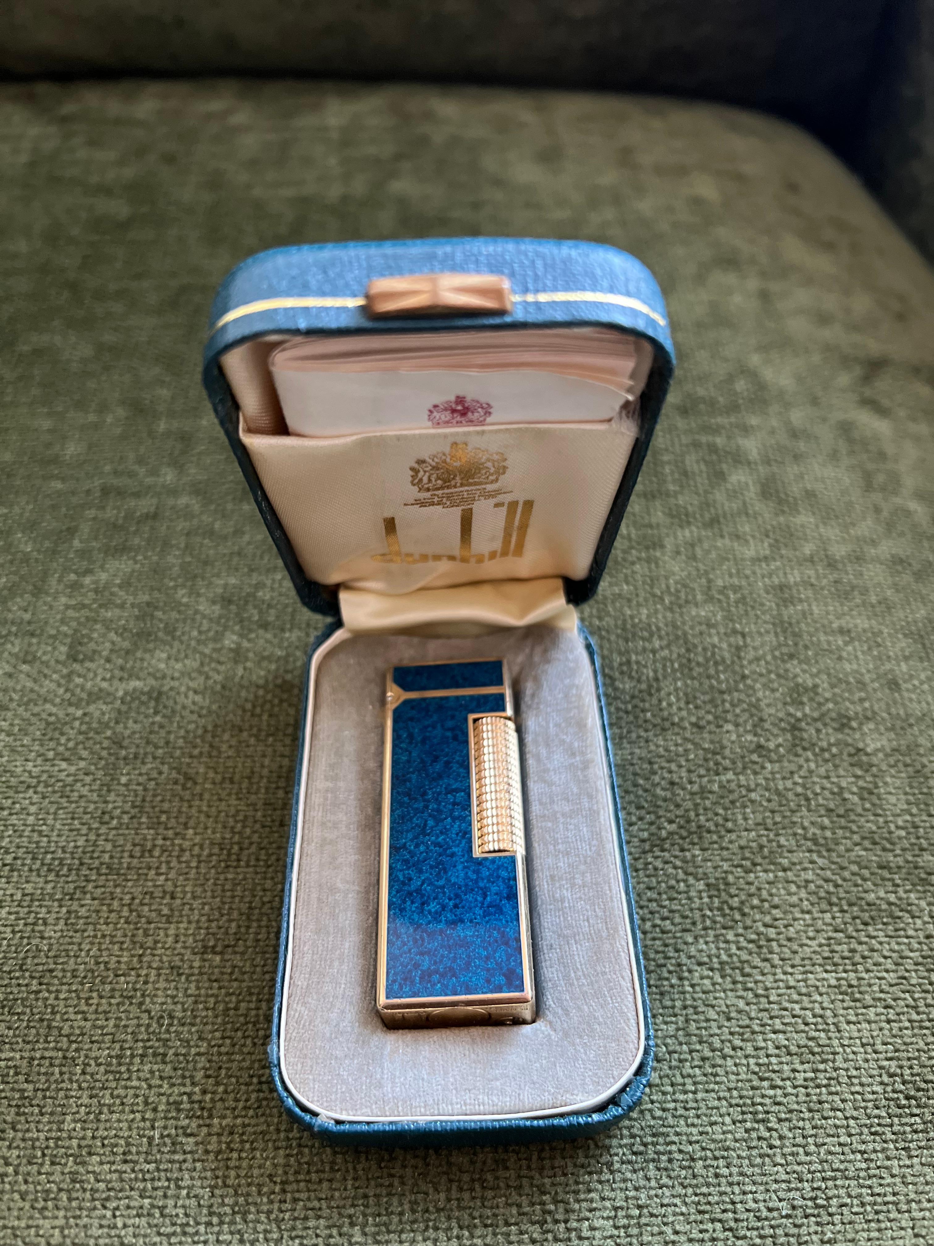 Seltene Vintage Dunhill Gold Plated Blue Marble Lacquer Feuerzeug Original Sky Case 6