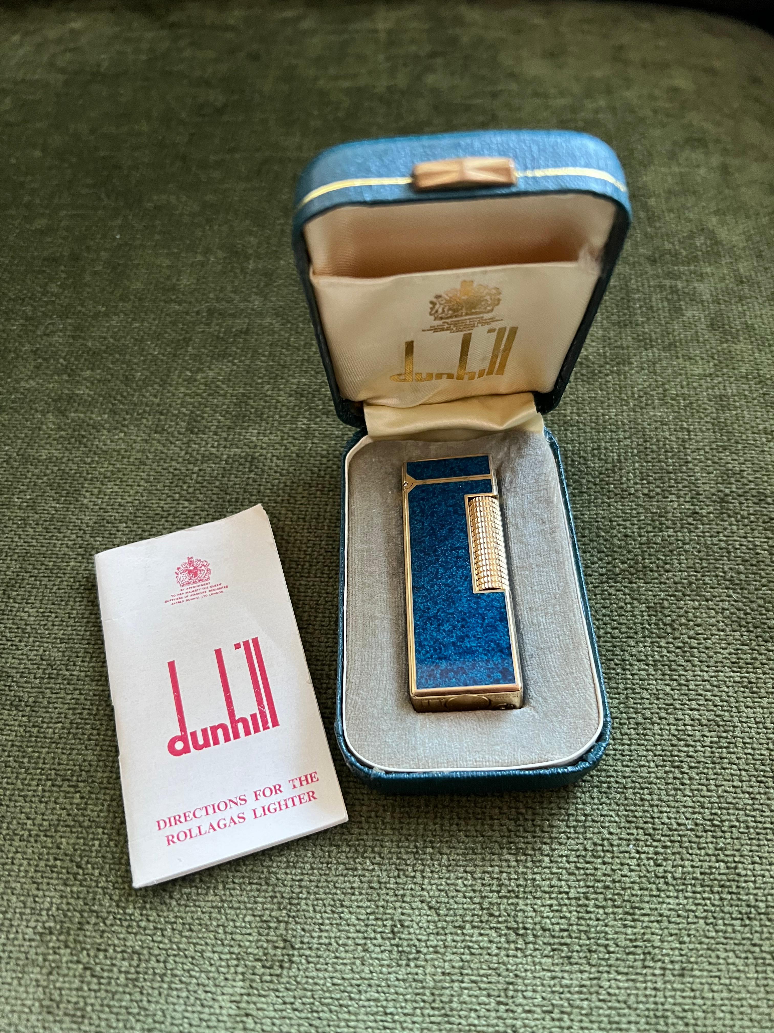 Seltene Vintage Dunhill Gold Plated Blue Marble Lacquer Feuerzeug Original Sky Case 7