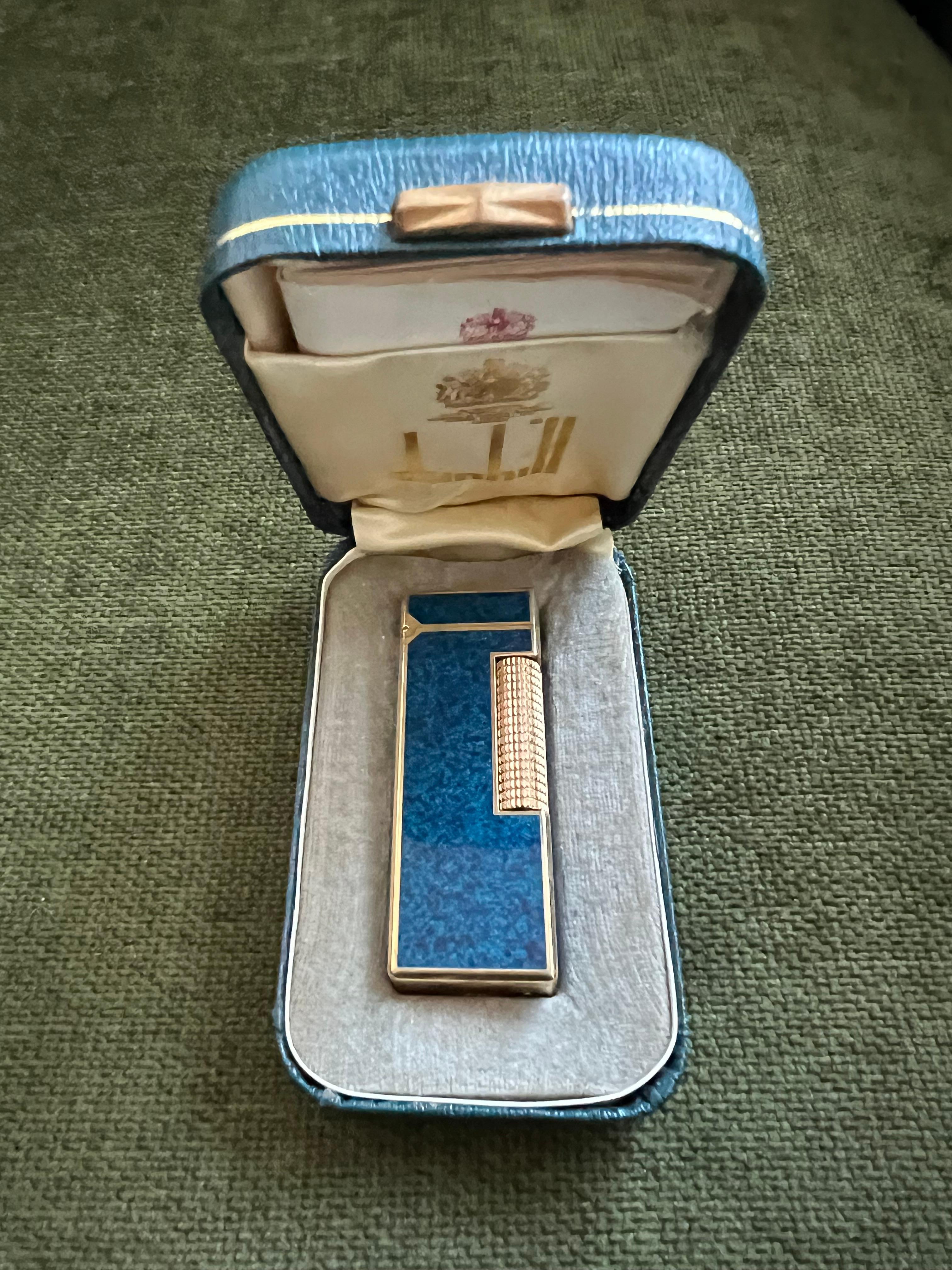 Seltene Vintage Dunhill Gold Plated Blue Marble Lacquer Feuerzeug Original Sky Case 8