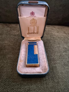 Rare briquet ciel d'origine Dunhill en laque de marbre bleu plaqué or