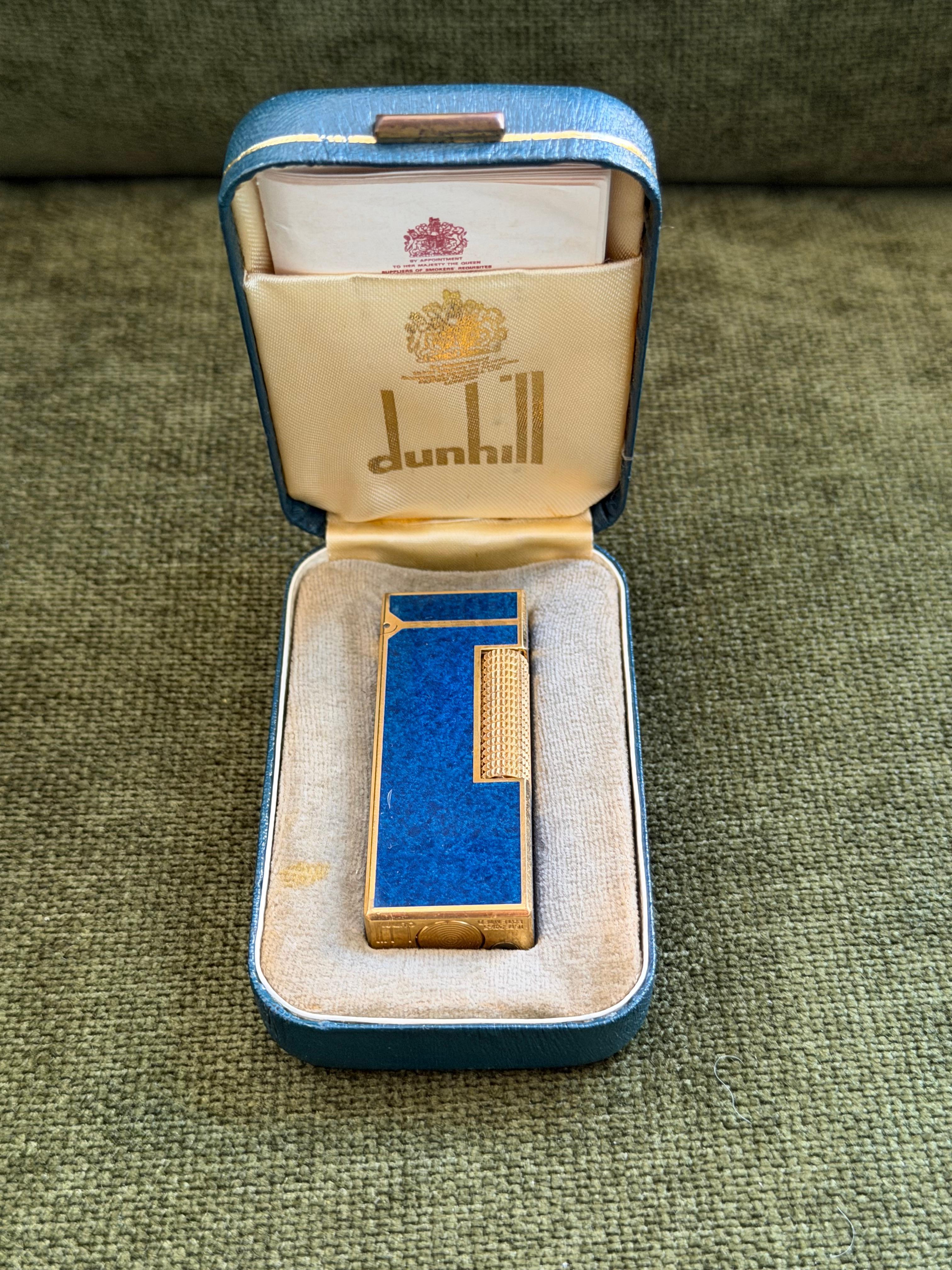 Art déco Rare briquet ciel d'origine Dunhill en laque de marbre bleu plaqué or en vente