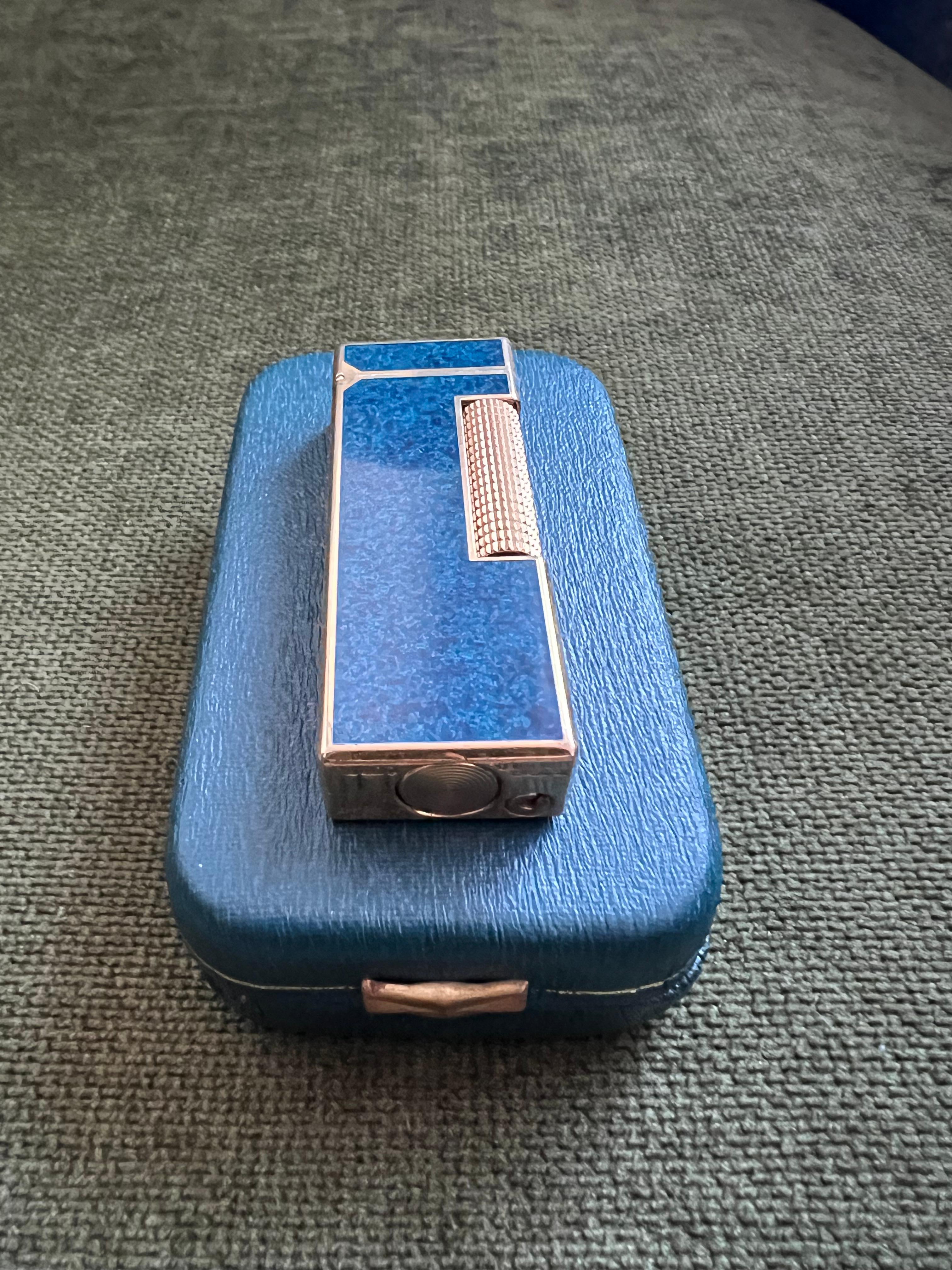 Seltene Vintage Dunhill Gold Plated Blue Marble Lacquer Feuerzeug Original Sky Case für Damen oder Herren
