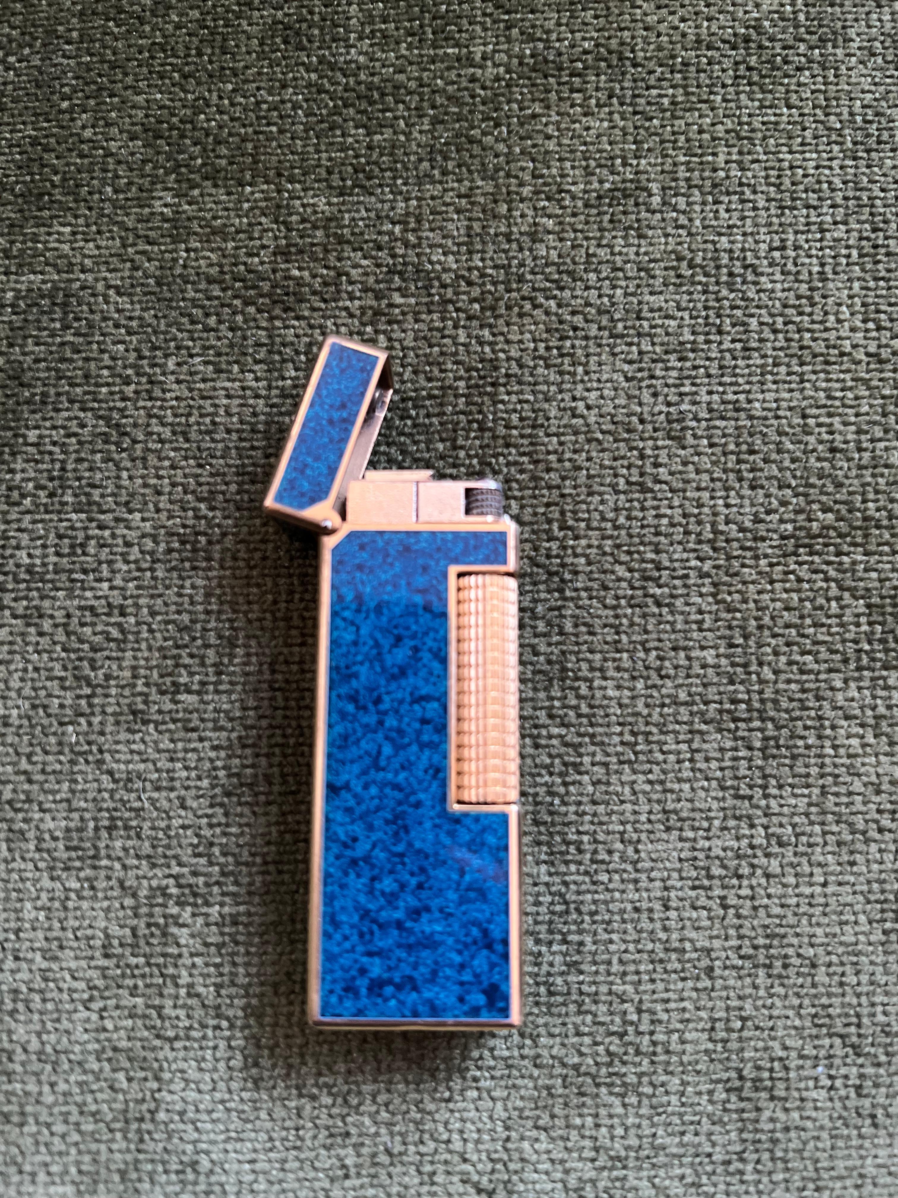 Seltene Vintage Dunhill Gold Plated Blue Marble Lacquer Feuerzeug Original Sky Case 2