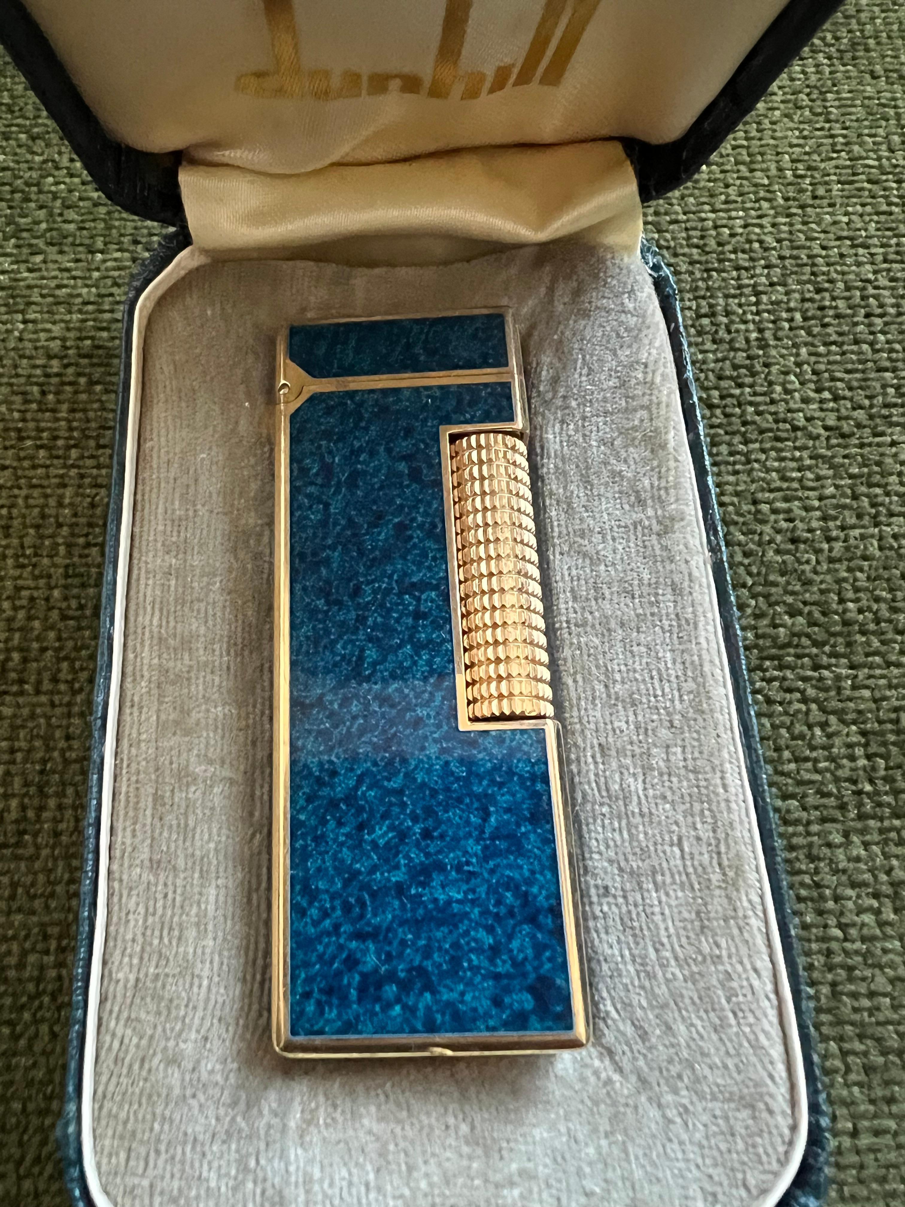 Seltene Vintage Dunhill Gold Plated Blue Marble Lacquer Feuerzeug Original Sky Case 4