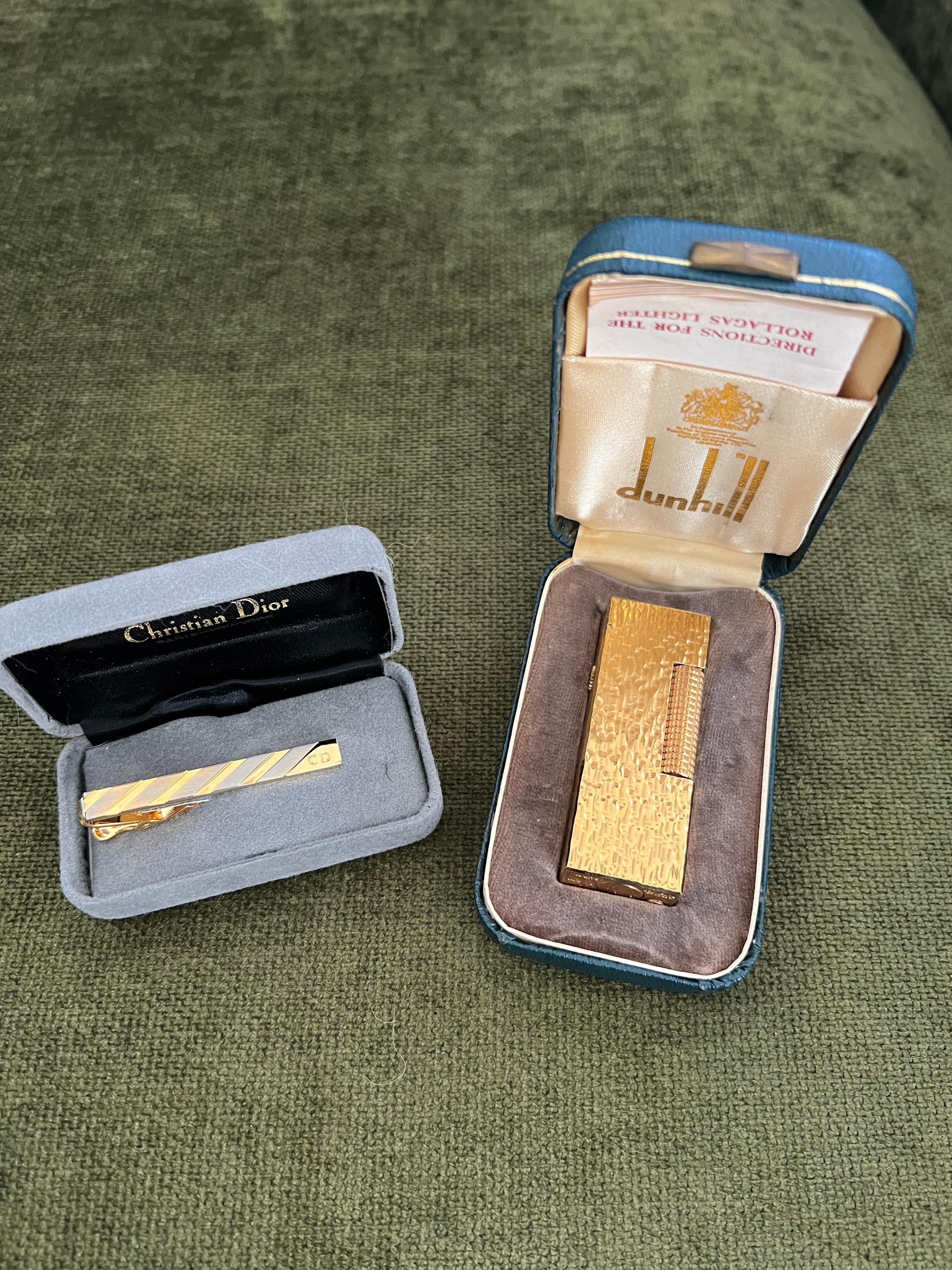 Art Deco Rare Vintage Dunhill Gold Plated Lighter & Christian Dior Neck Tie Gift Set For Sale