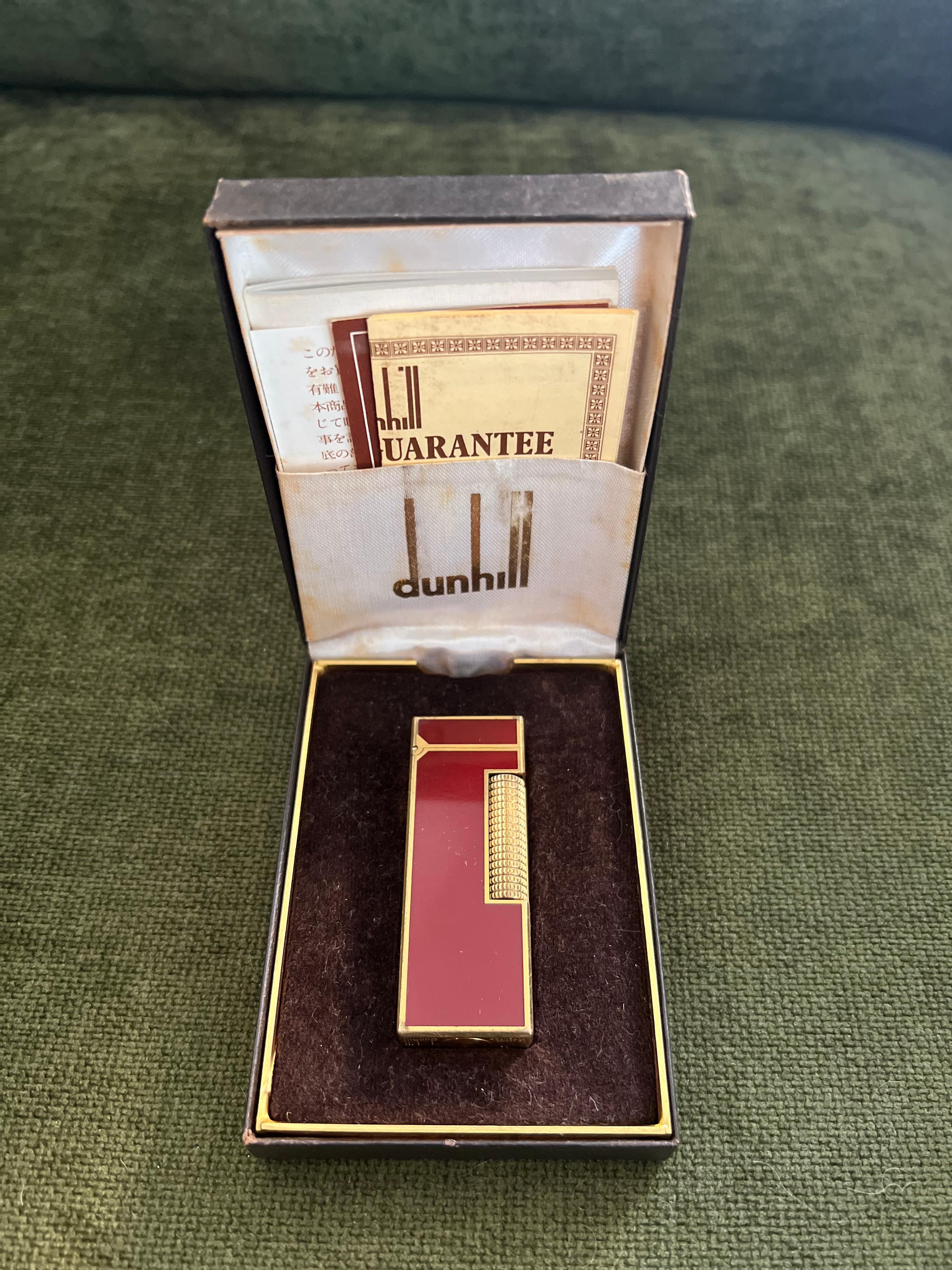 Women's or Men's Rare Vintage Dunhill Gold Plated Red Lacquer Lighter In Original Velvet Case For Sale