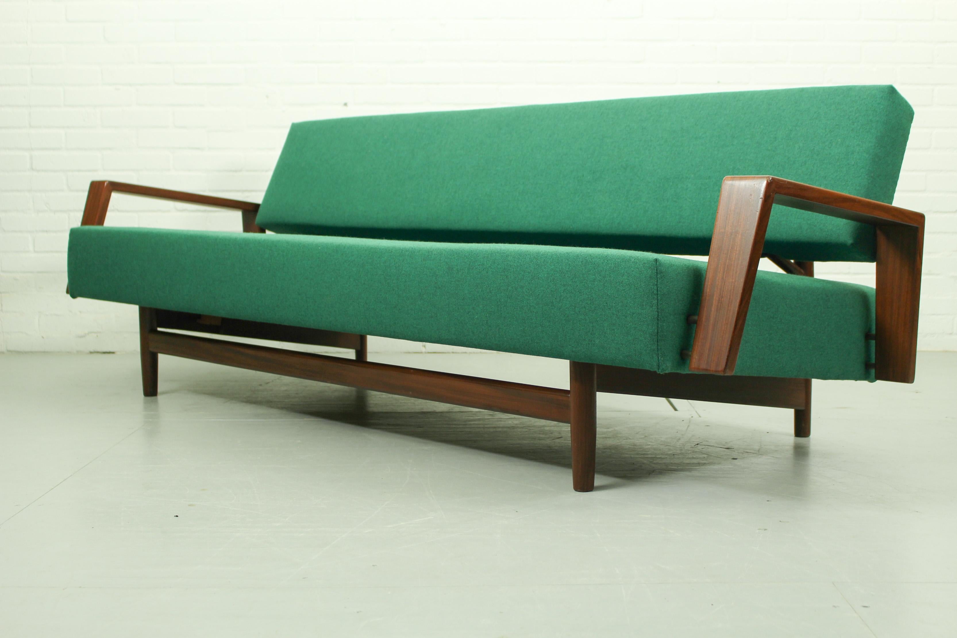 Rare sofa, which can be converted to a bed, by Rob Parry for Gelderland, 1958. The sofa can be changed to a bed very easily. New Kvadrat Tonica upholstery in green. This sofa was in production for one year only and is very hard to find. This one is
