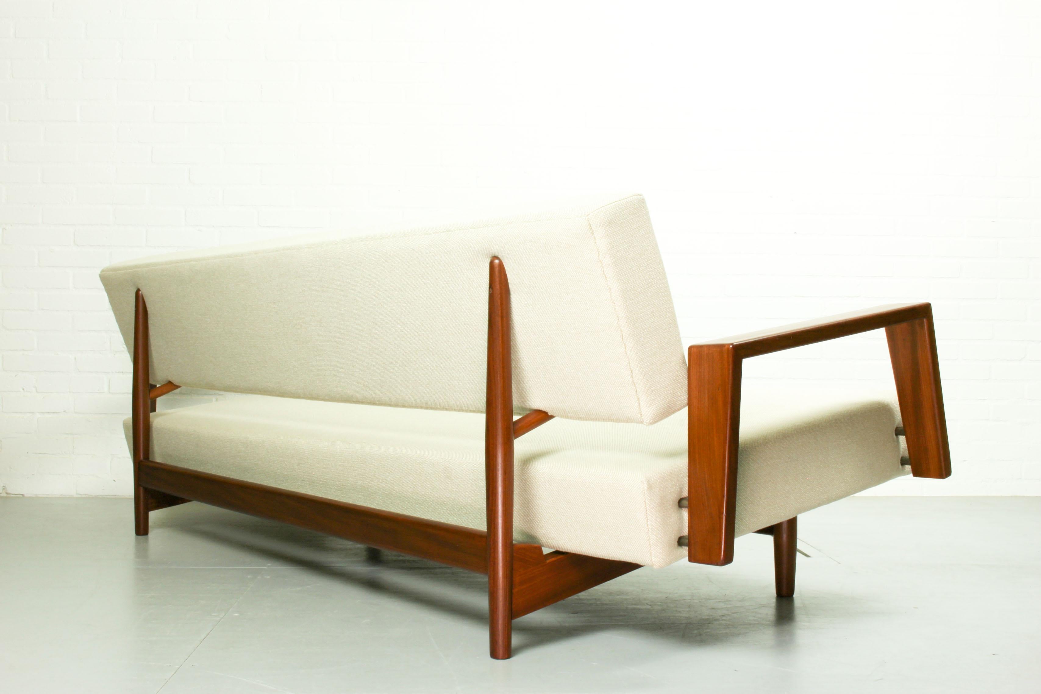 Rare sofa, which can be converted to a bed, by Rob Parry for Gelderland, 1958. The sofa can be changed to a bed very easily. New Kvadrat Hallingdal upholstery in off white/beige. This sofa was in production for one year only and is very hard to