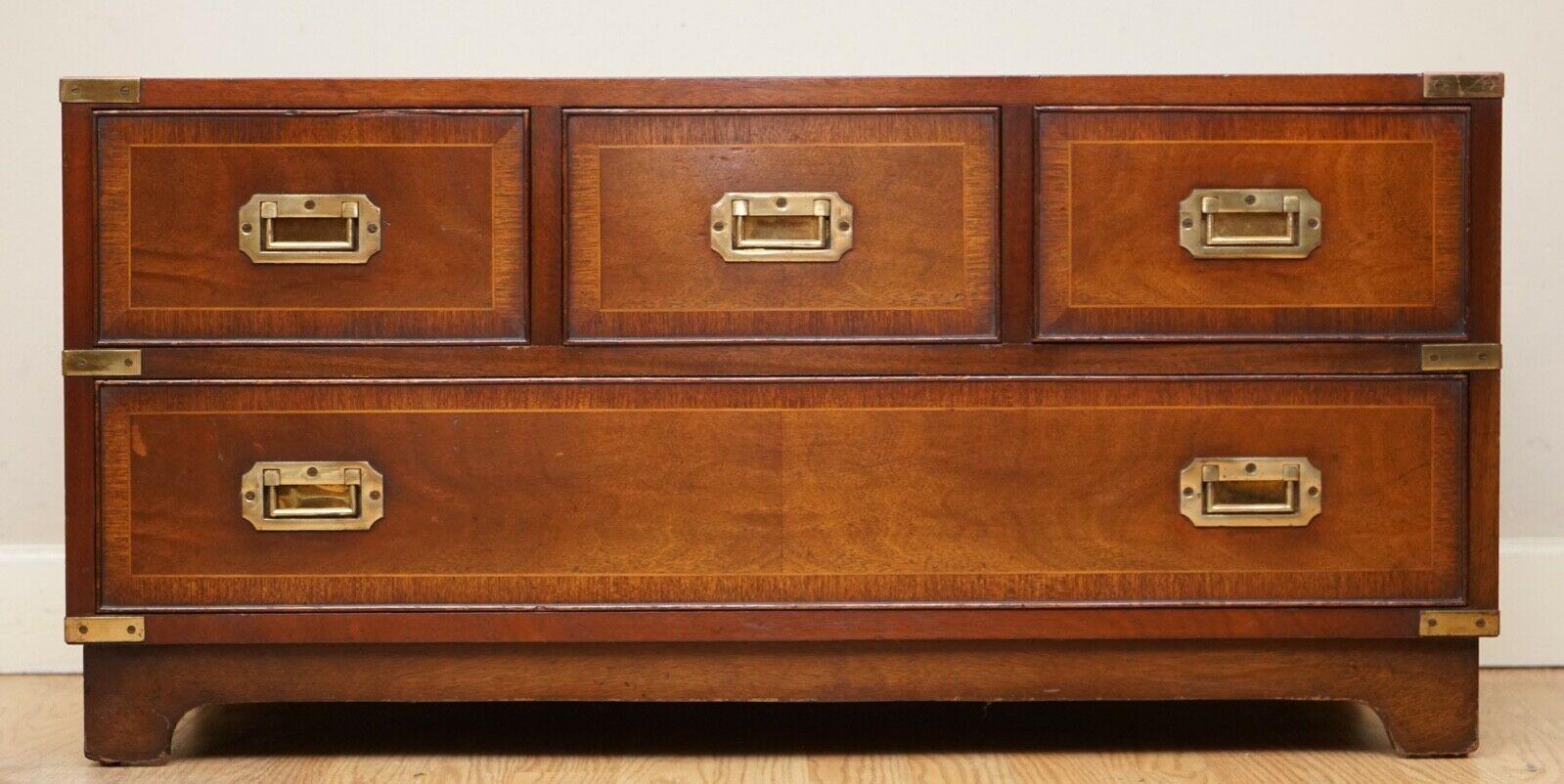Rare Vintage Flamed Hardwood Military Campaign Low Chest of Drawers 4