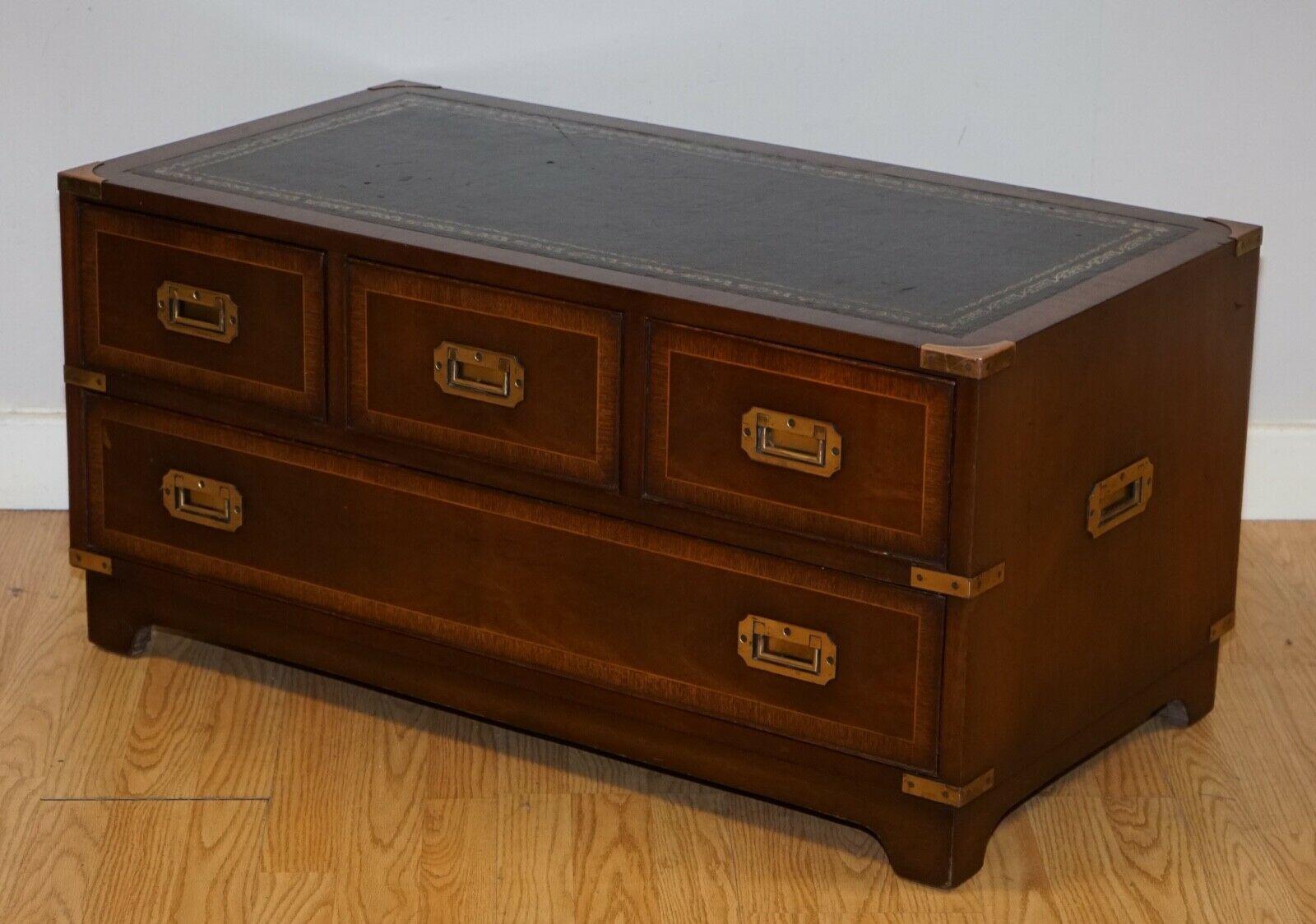 British Rare Vintage Flamed Hardwood Military Campaign Low Chest of Drawers