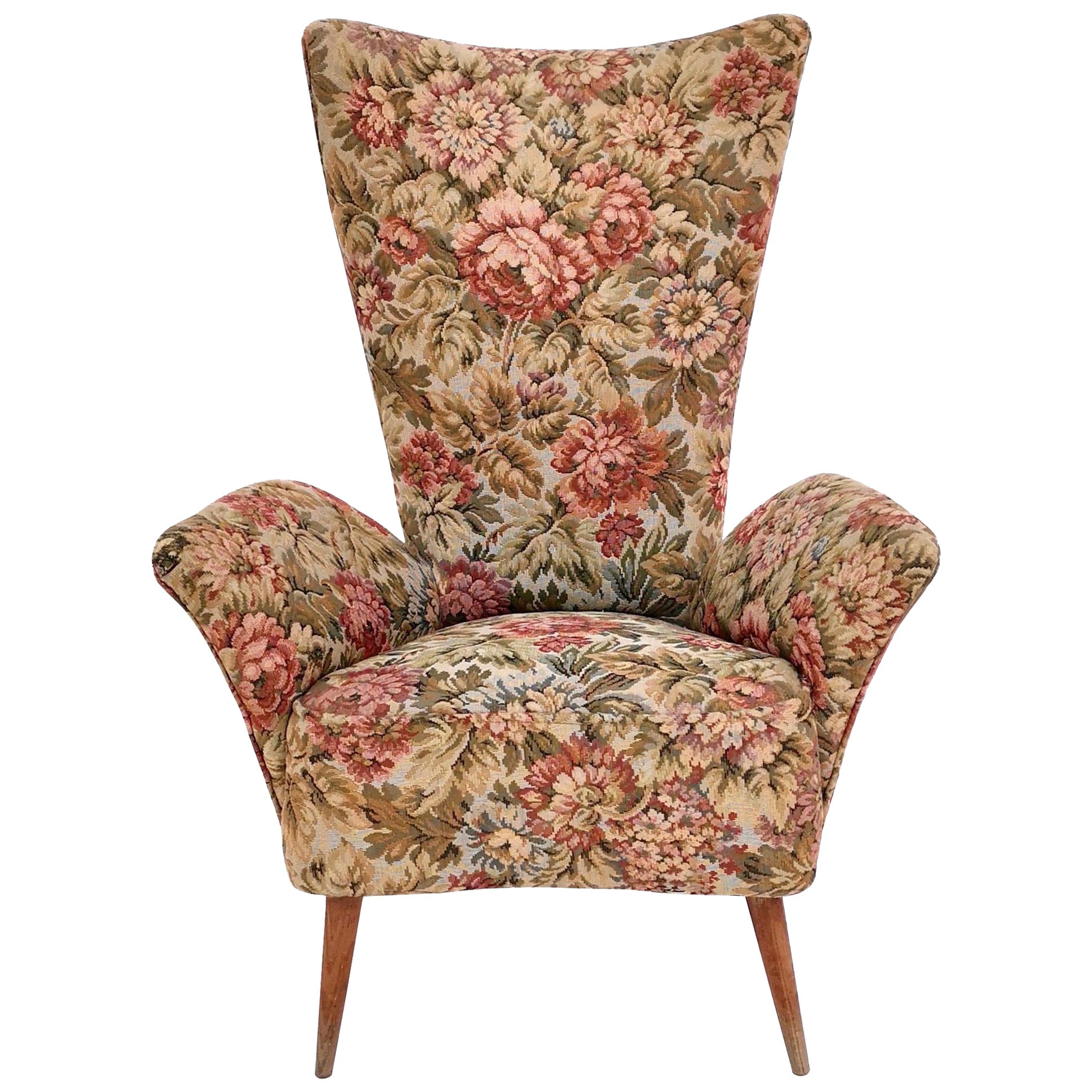 Rara poltrona vintage in tessuto floreale per bambini con gambe in legno, Italia