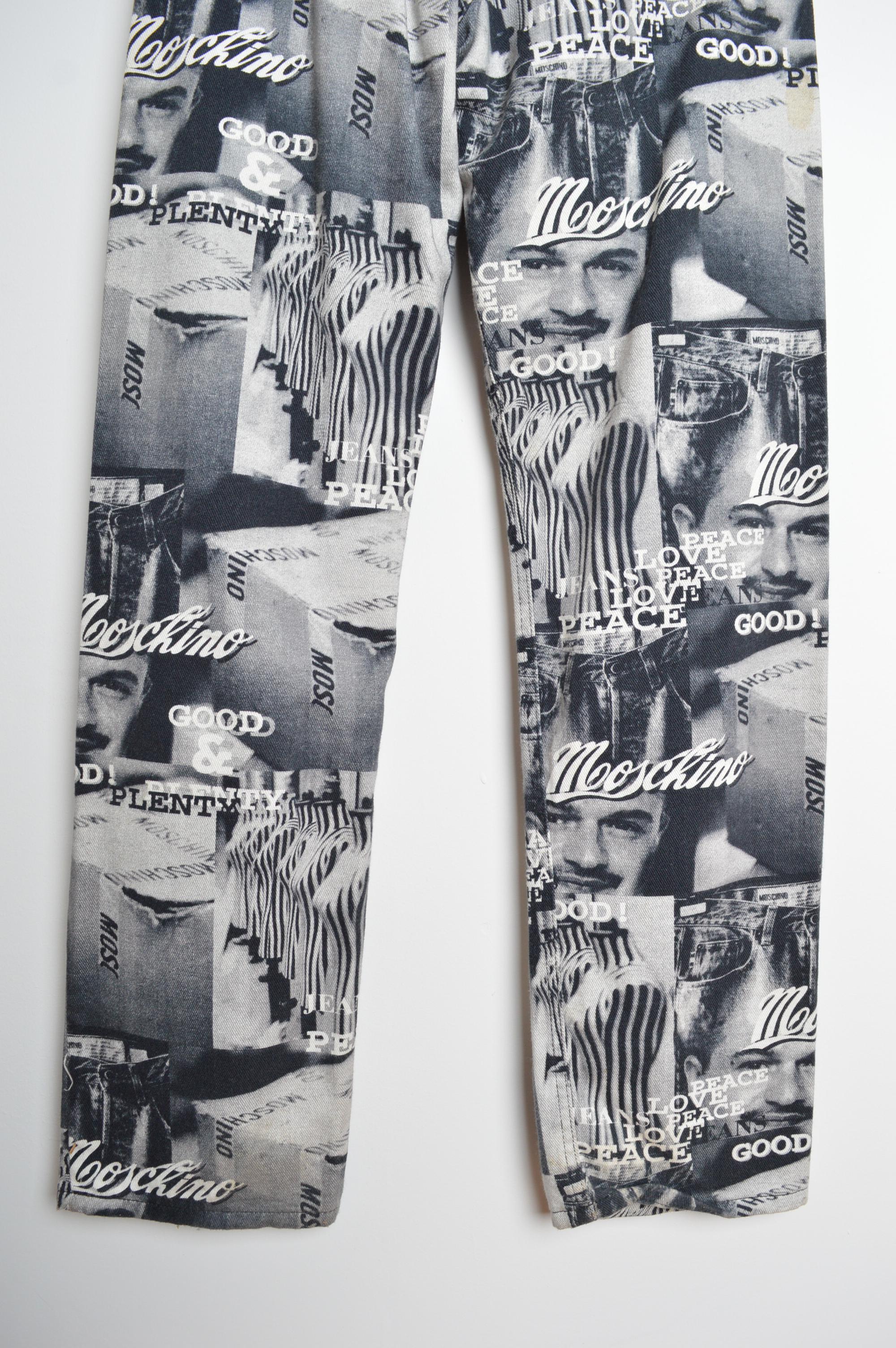 Rare Vintage Franco Moschino Face 1990's Black Photo print denim Jeans en vente 7