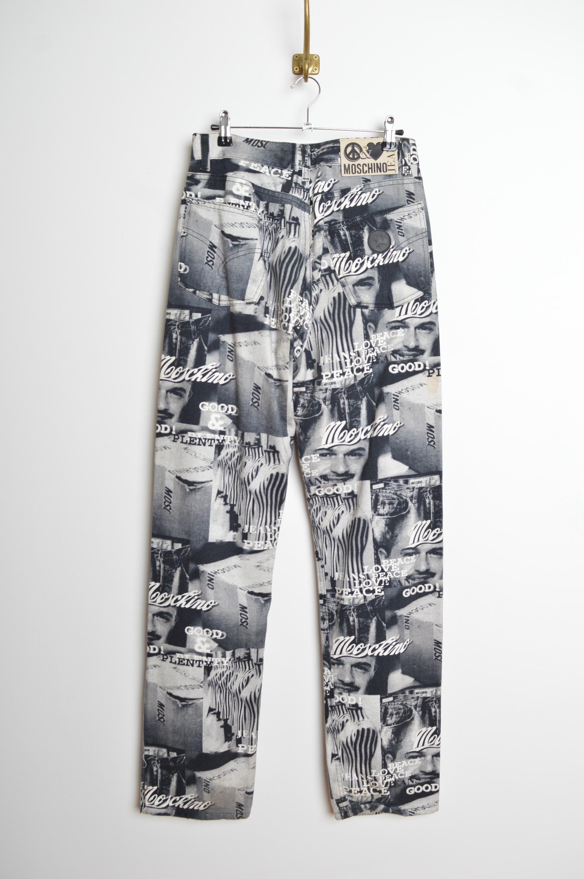 Rare Vintage Franco Moschino Face 1990's Black Photo print denim Jeans en vente 4