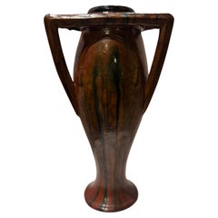 Rare Vintage French Art Nouveau Pottery Vase with Sculptural Triangular Handles